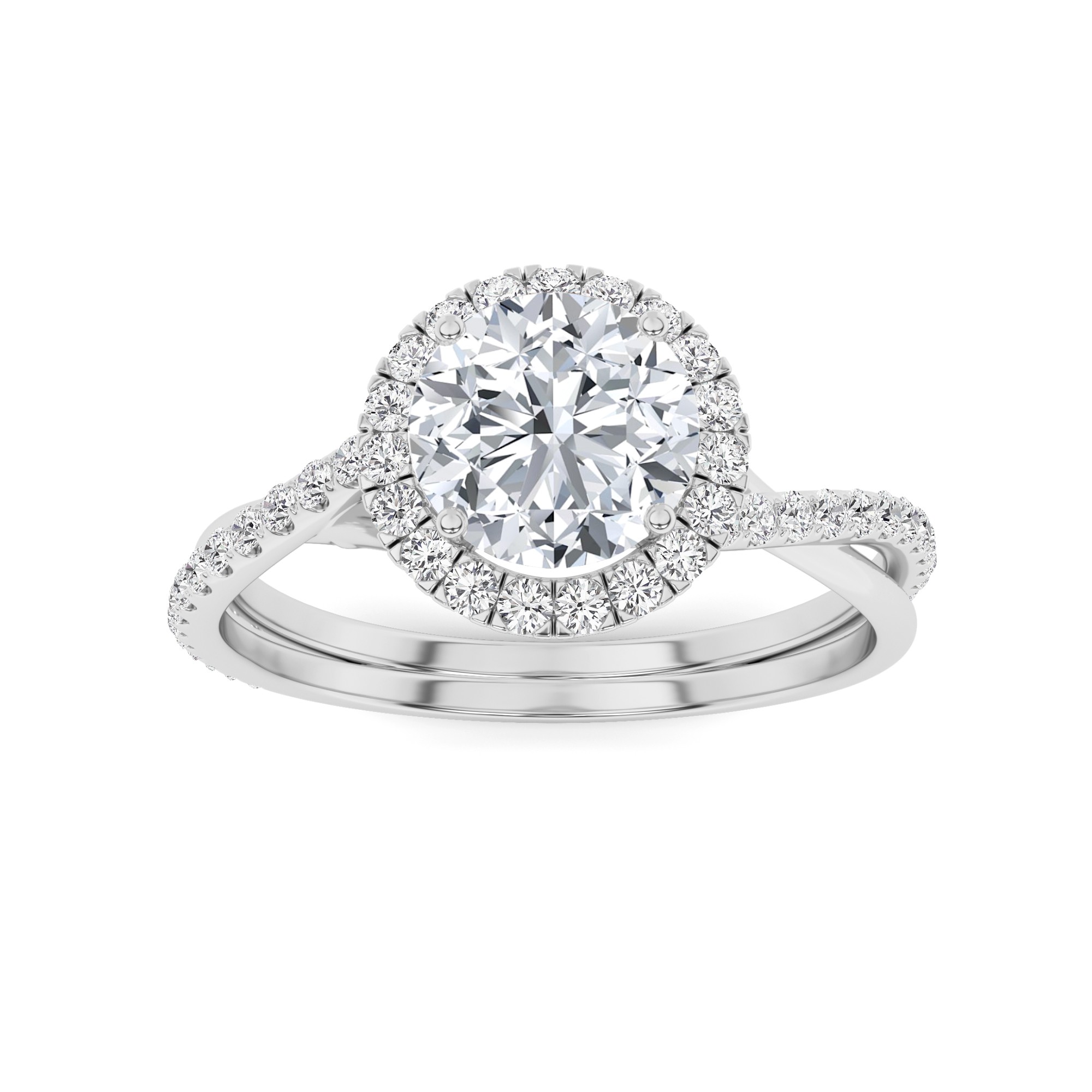 Twisted Shoulder Halo  Round Diamond Engagment Ring in 9K White Gold