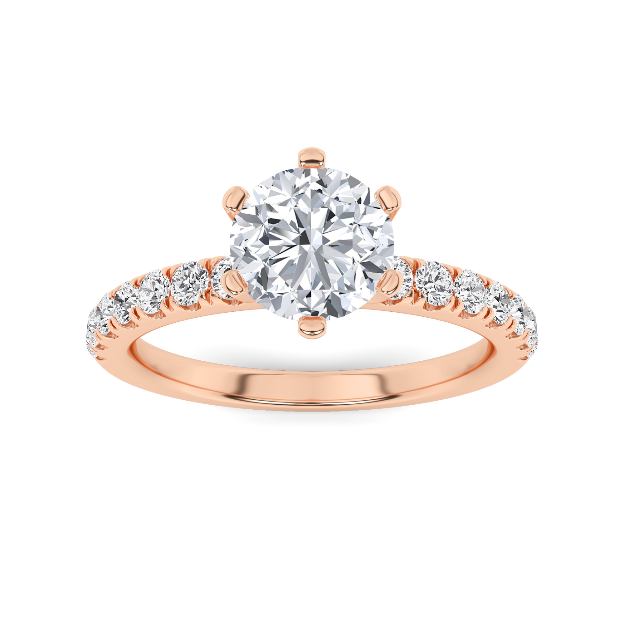 Classic 6 Prong Round Side Stone Diamond Engagment Ring in 9K White Gold