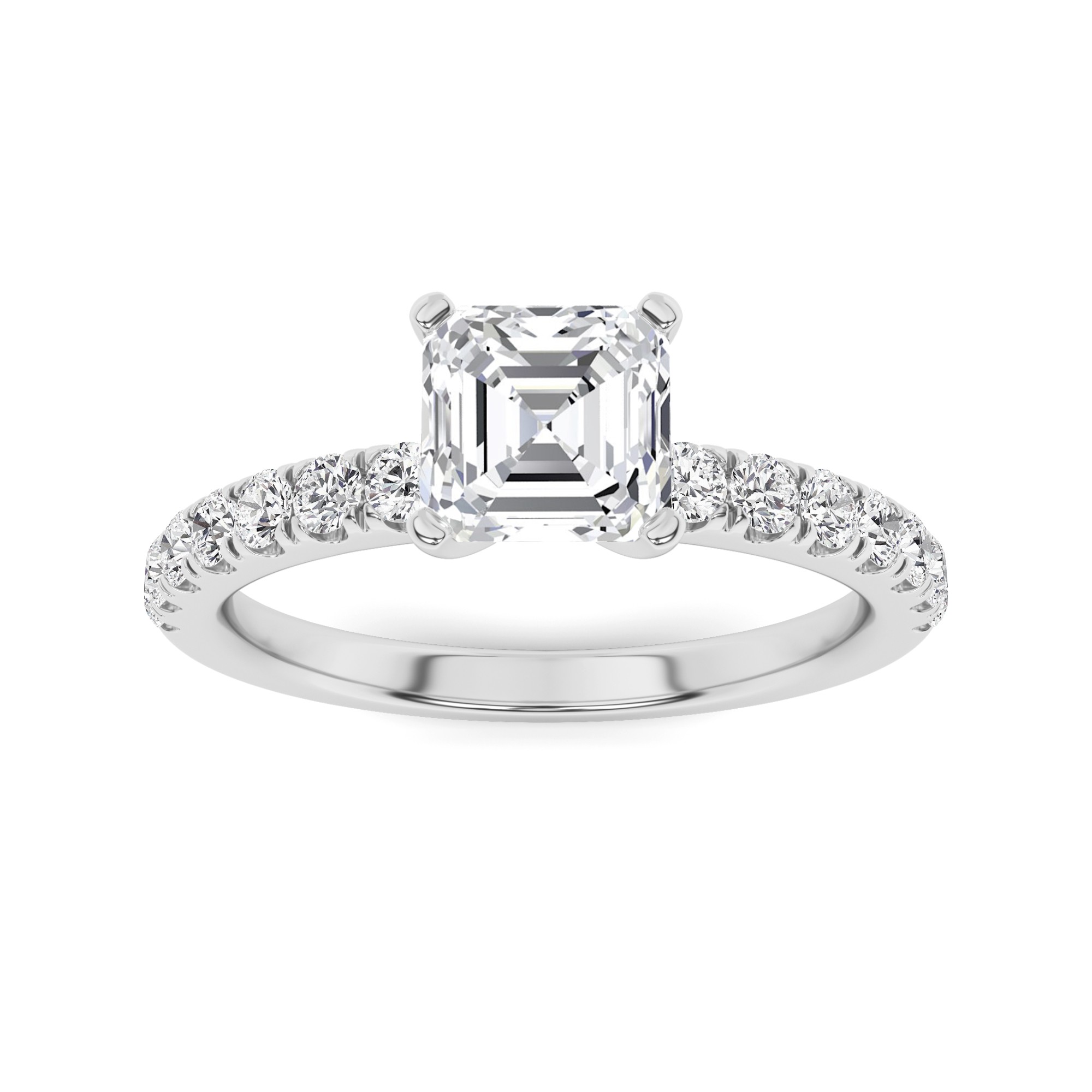 Classic 6 Prong Round Side Stone Diamond Engagment Ring in 9K White Gold