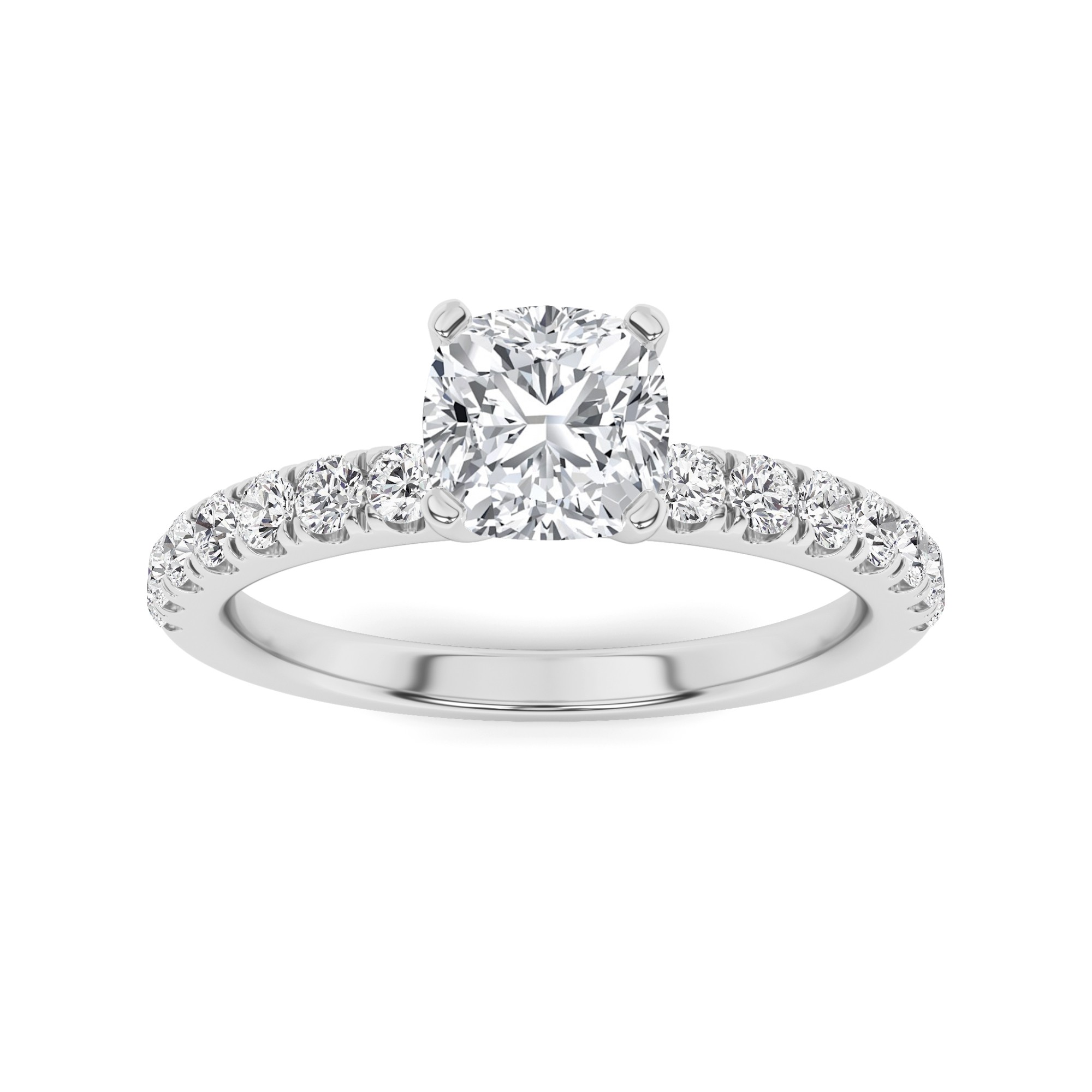 Classic 6 Prong Round Side Stone Diamond Engagment Ring in 9K White Gold