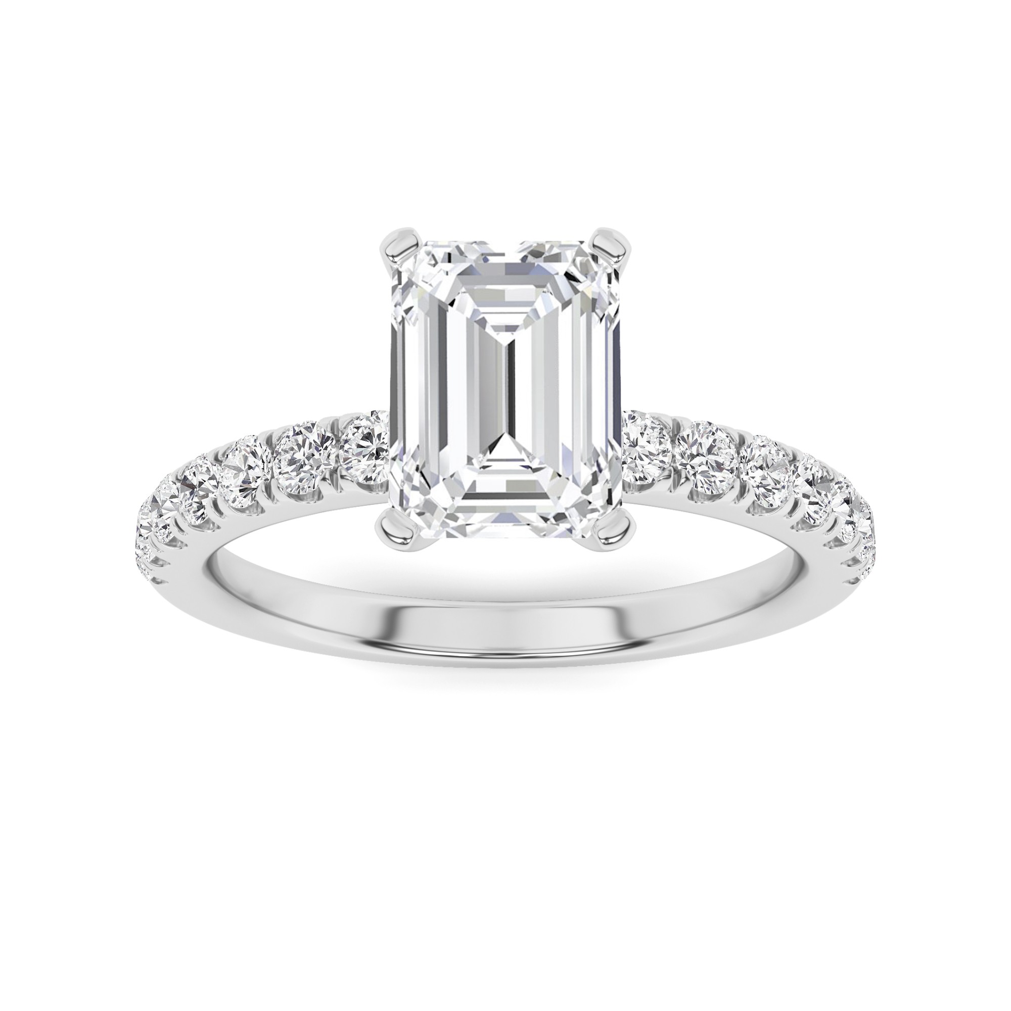 Classic 6 Prong Round Side Stone Diamond Engagment Ring in 9K White Gold