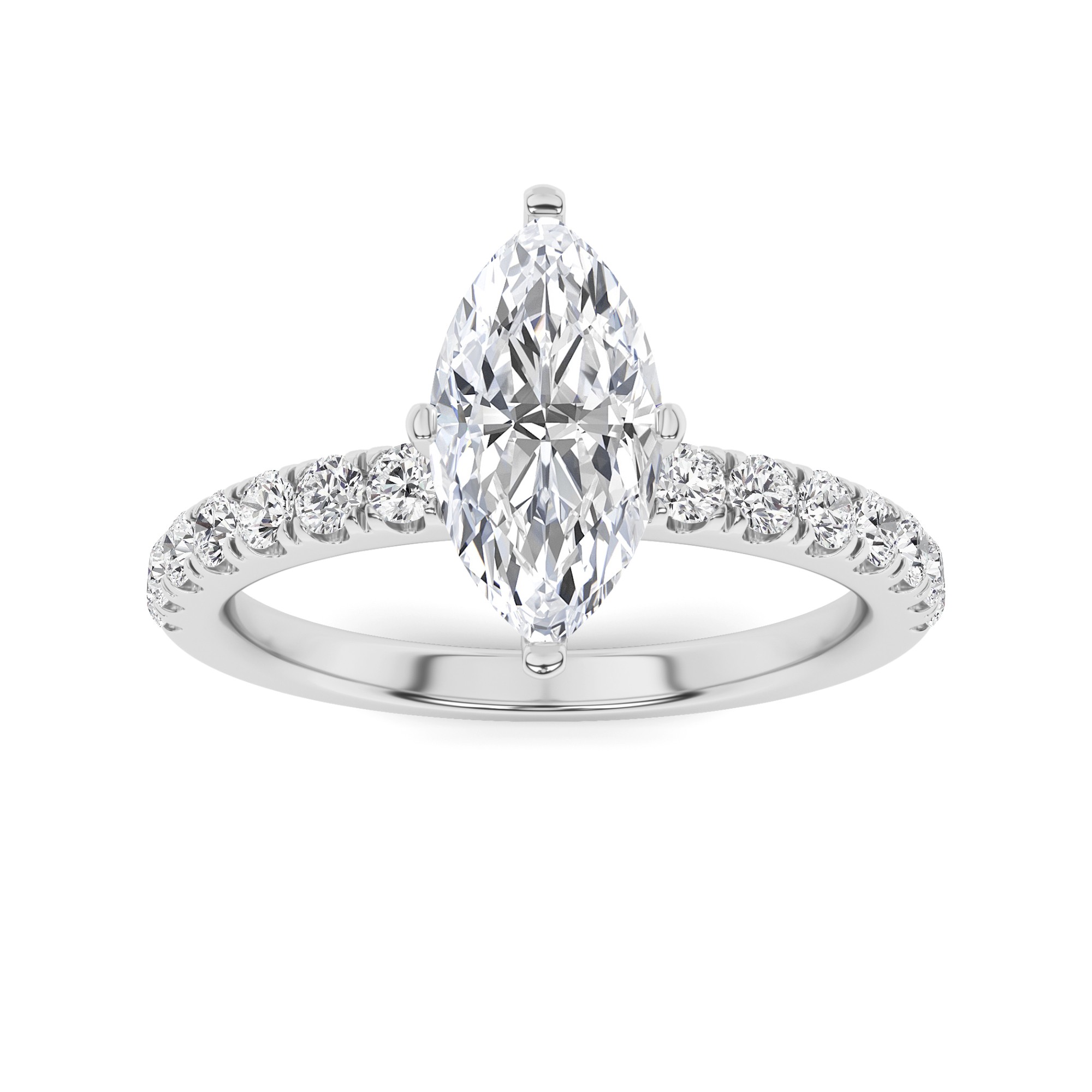 Classic 6 Prong Round Side Stone Diamond Engagment Ring in 9K White Gold