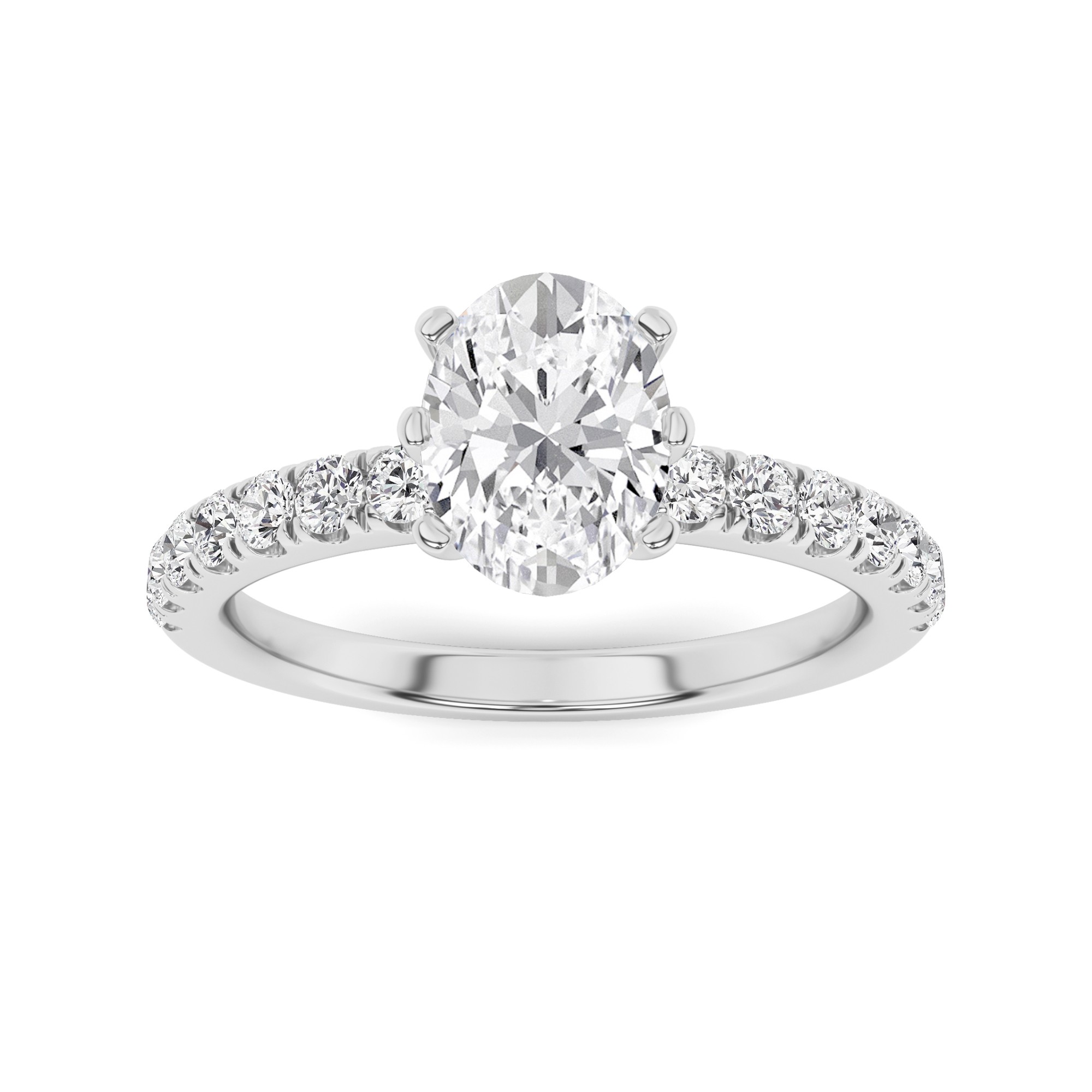 Classic 6 Prong Round Side Stone Diamond Engagment Ring in 9K White Gold