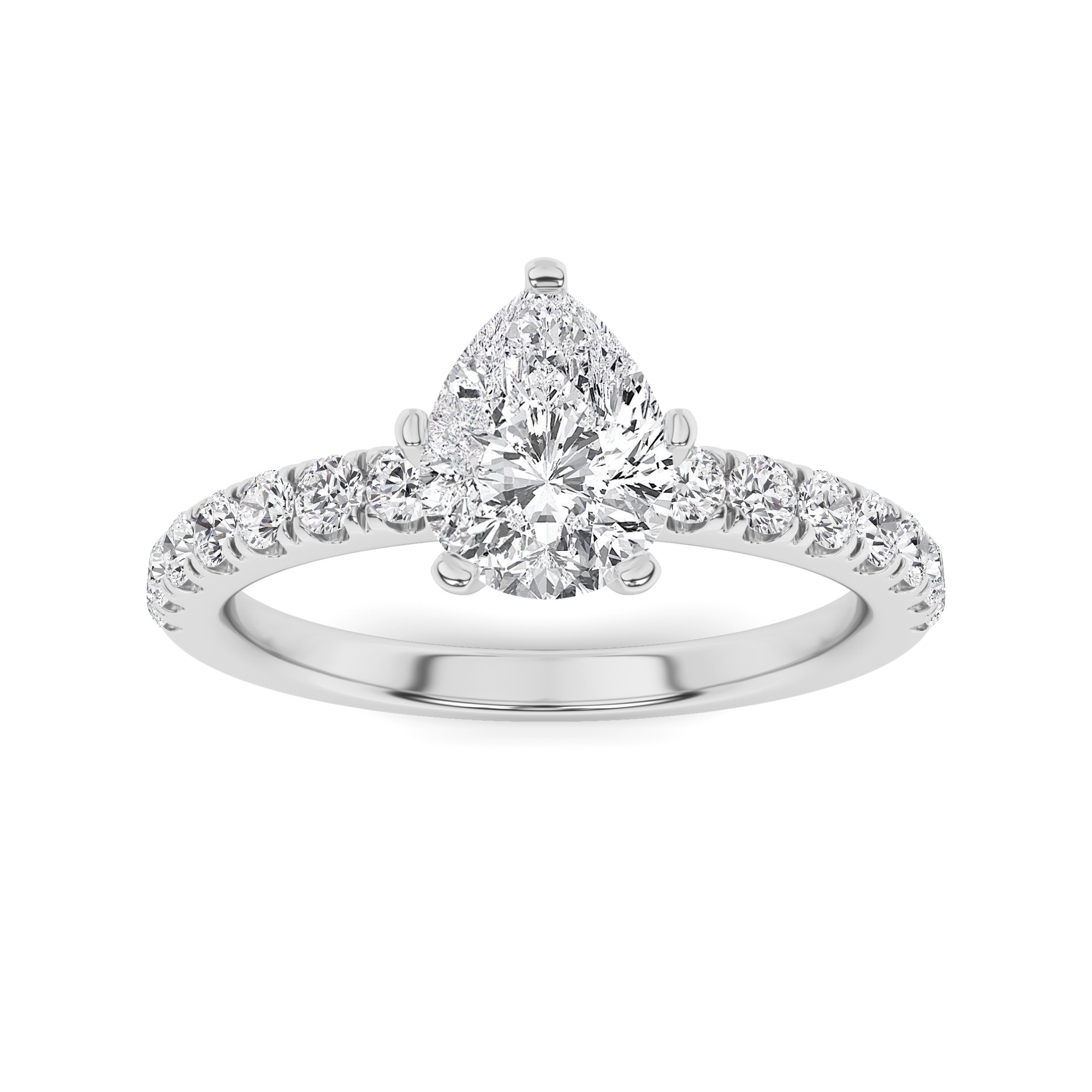 Classic 6 Prong Round Side Stone Diamond Engagment Ring in 9K White Gold