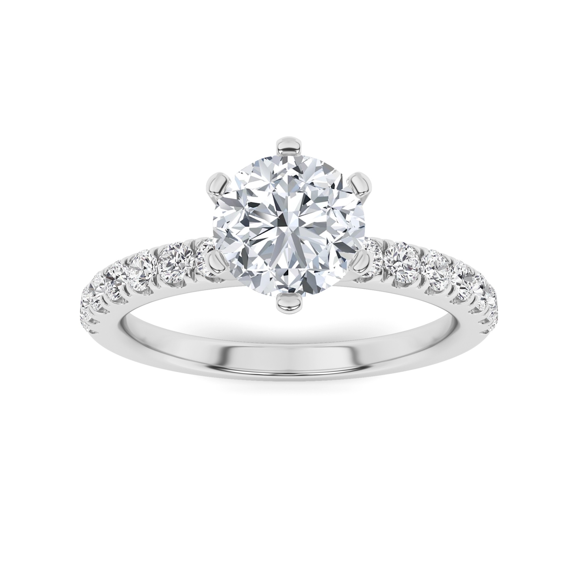 Classic 6 Prong Round Side Stone Diamond Engagment Ring in 9K White Gold