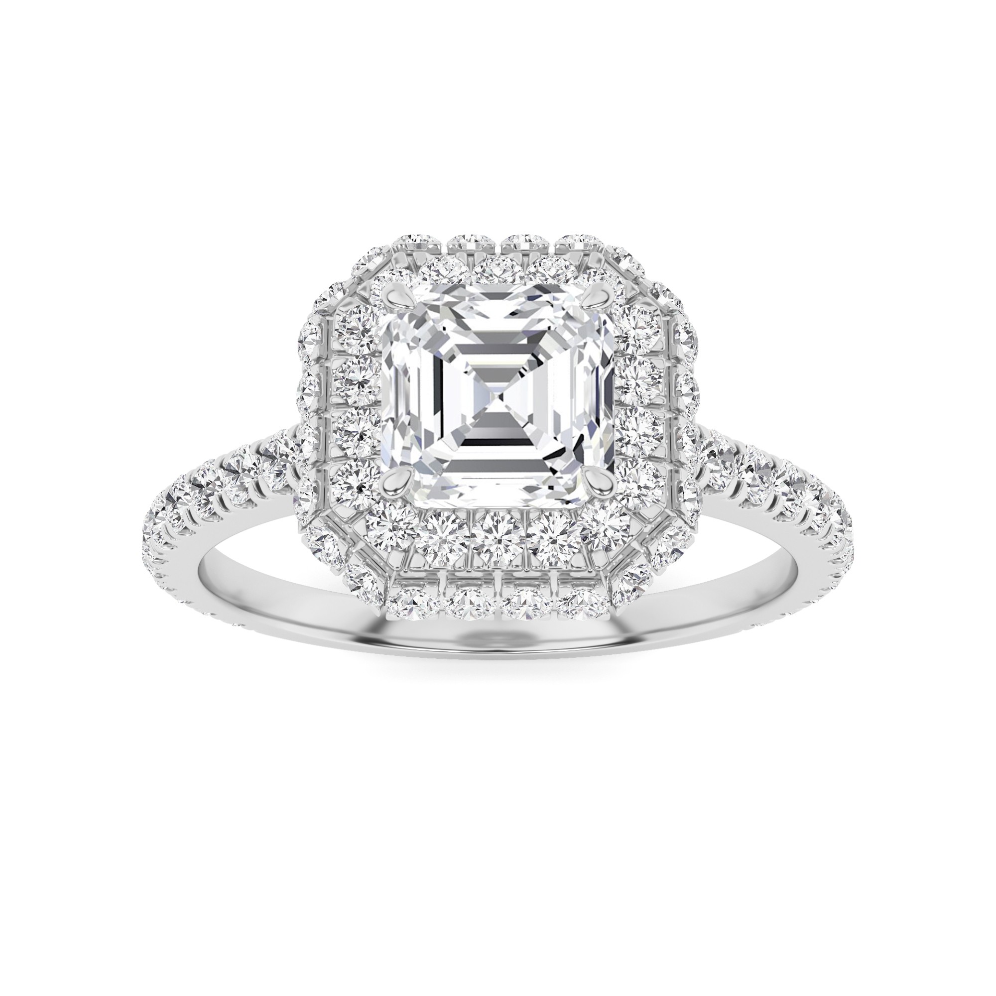 Bohemian Double Halo 4 Prong Round Side Stone Diamond Engagment Ring in 9K White Gold