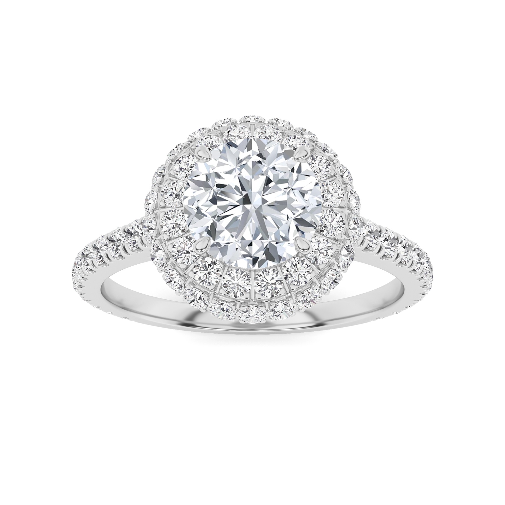 Bohemian Double Halo 4 Prong Round Side Stone Diamond Engagment Ring in 9K White Gold