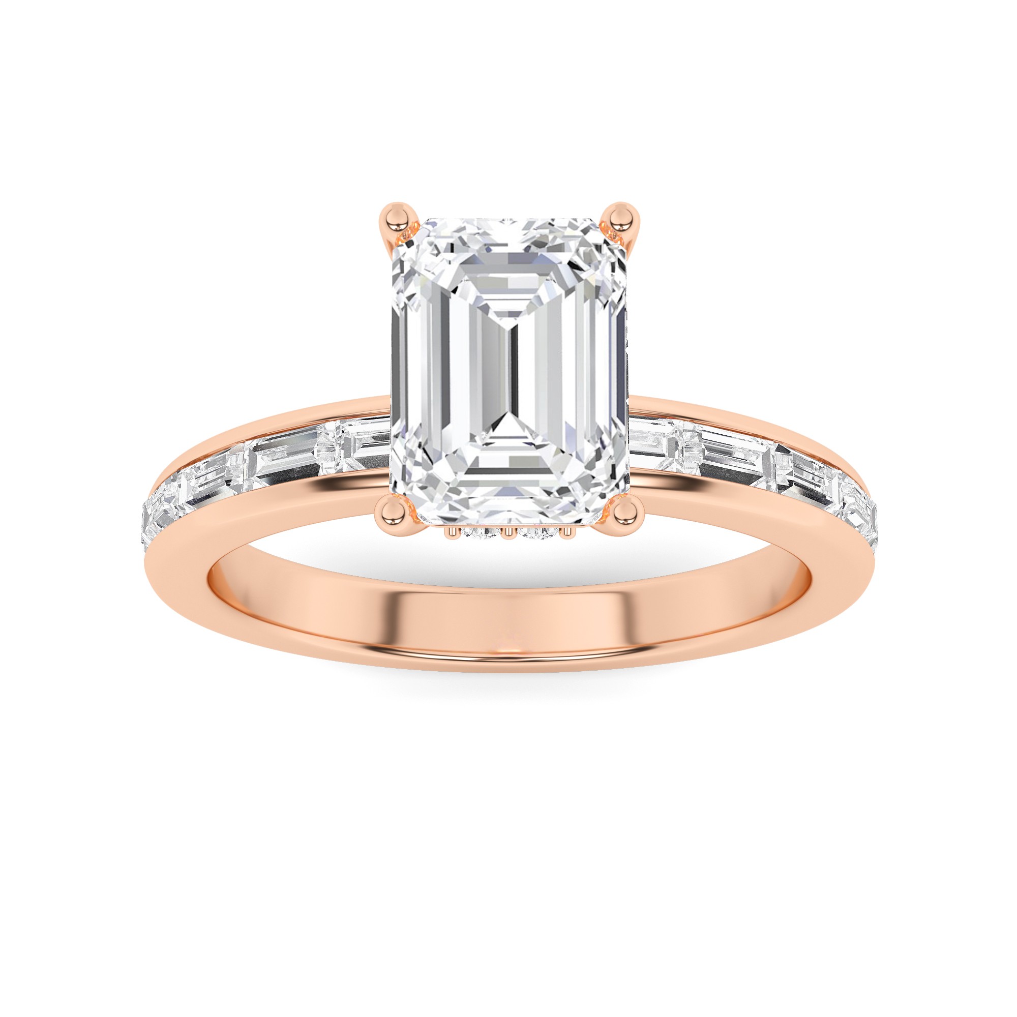 Unique Channel Set Round And Baguette Cut Side Stone Diamond Engagement Ring in 9K Rose Gold