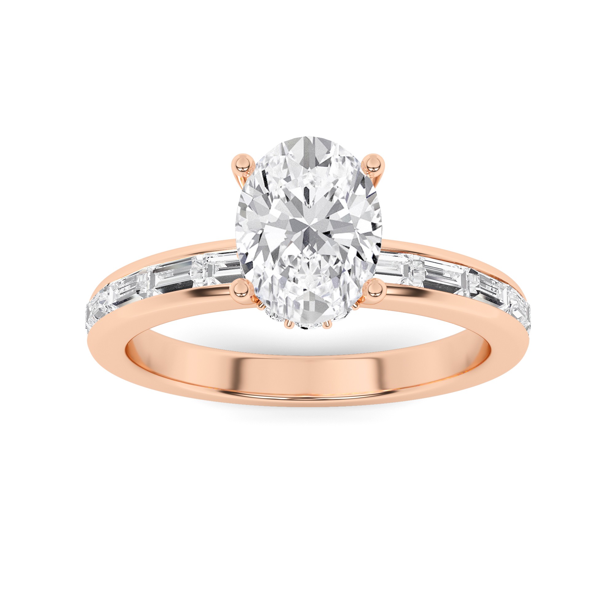 Unique Channel Set Round And Baguette Cut Side Stone Diamond Engagement Ring in 9K Rose Gold