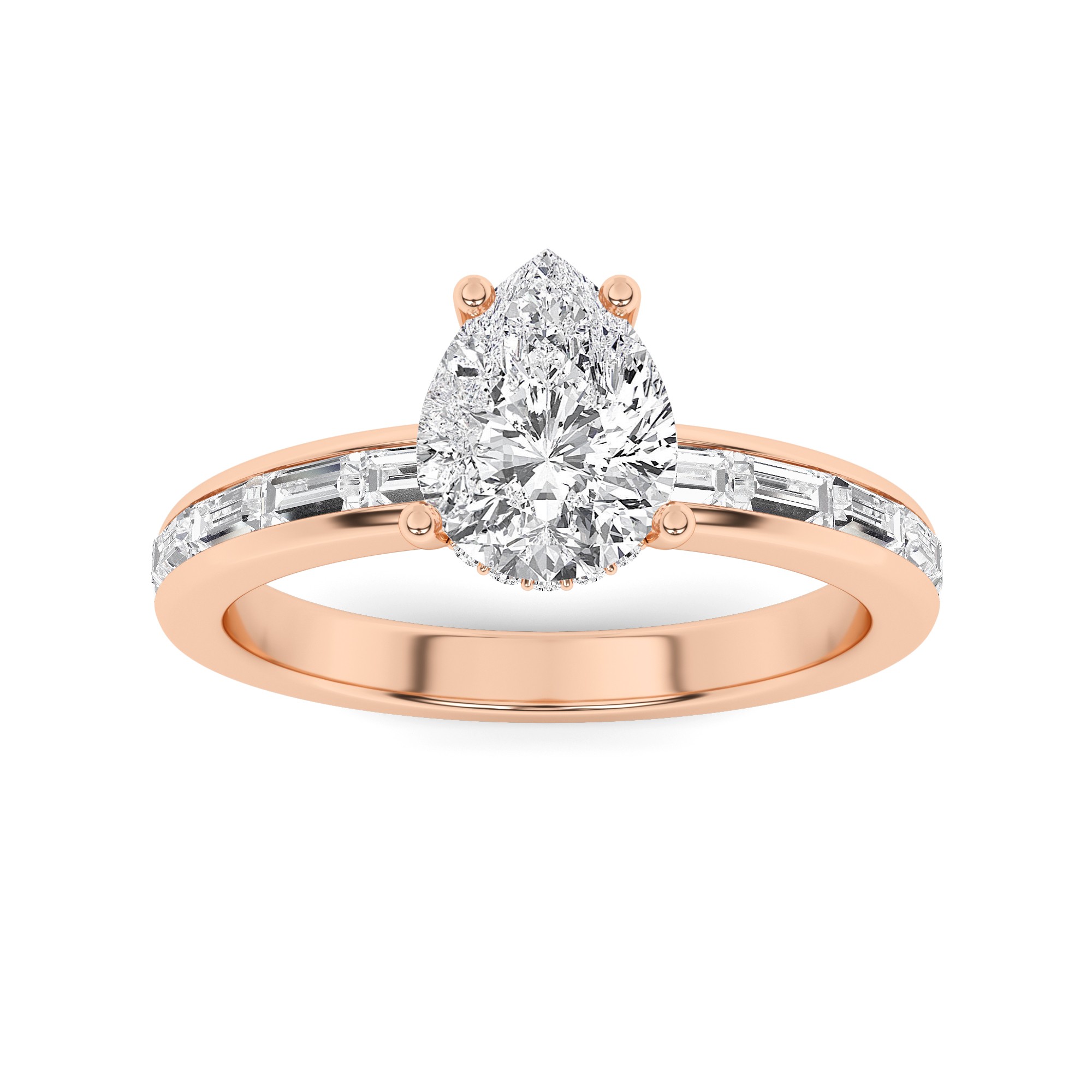 Unique Channel Set Round And Baguette Cut Side Stone Diamond Engagement Ring in 9K Rose Gold