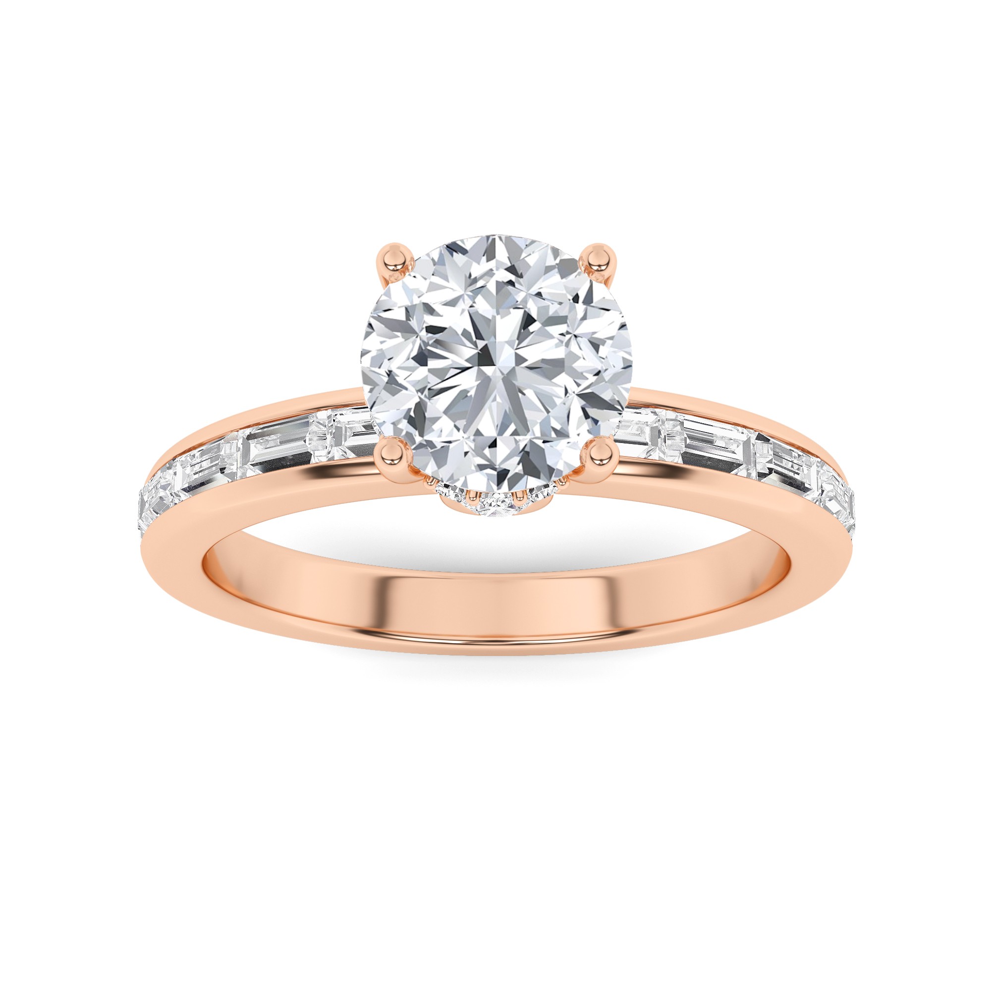 Unique Channel Set Round And Baguette Cut Side Stone Diamond Engagement Ring in 9K Rose Gold