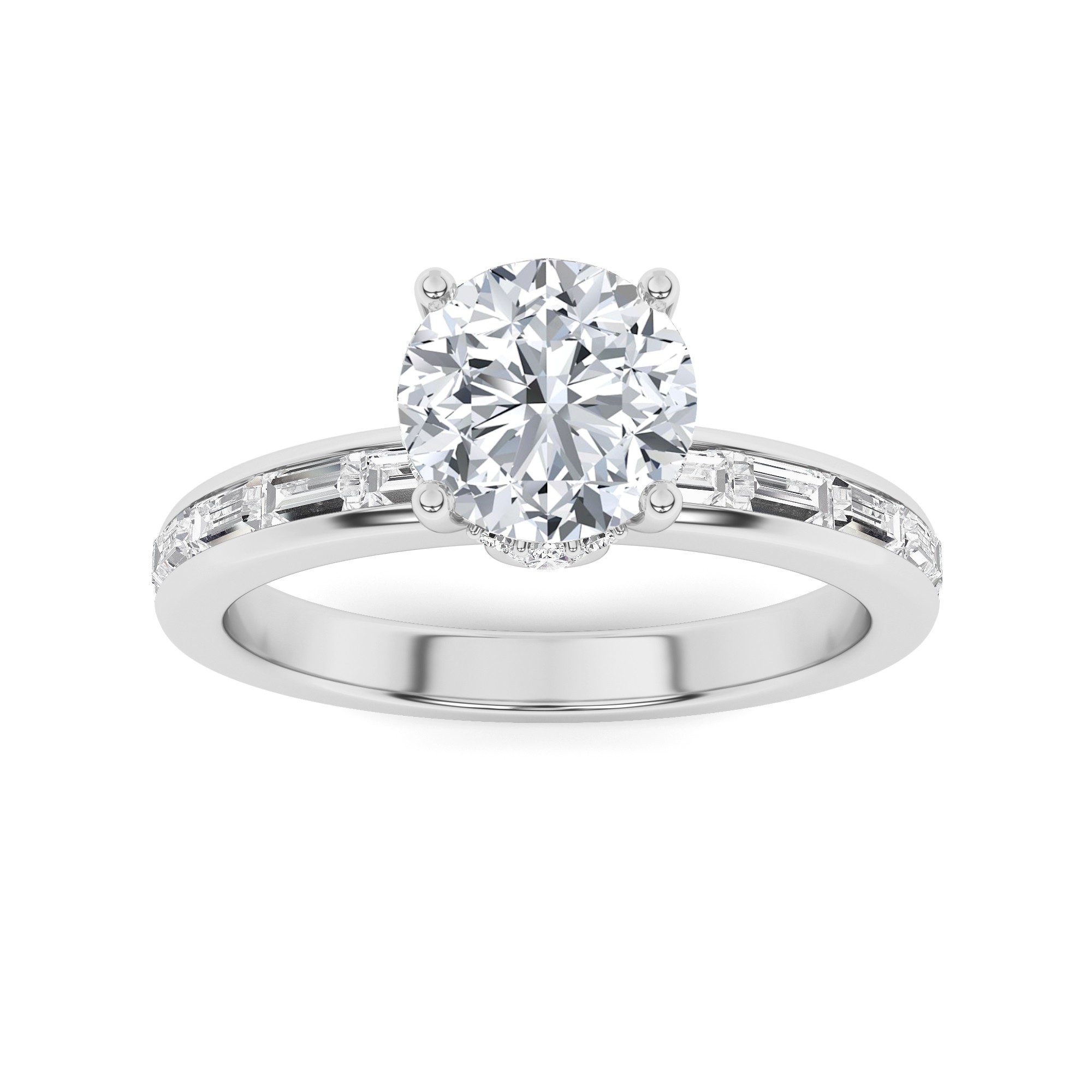 Unique Channel Set Round And Baguette Cut Side Stone Diamond Engagement Ring in 9K Silver