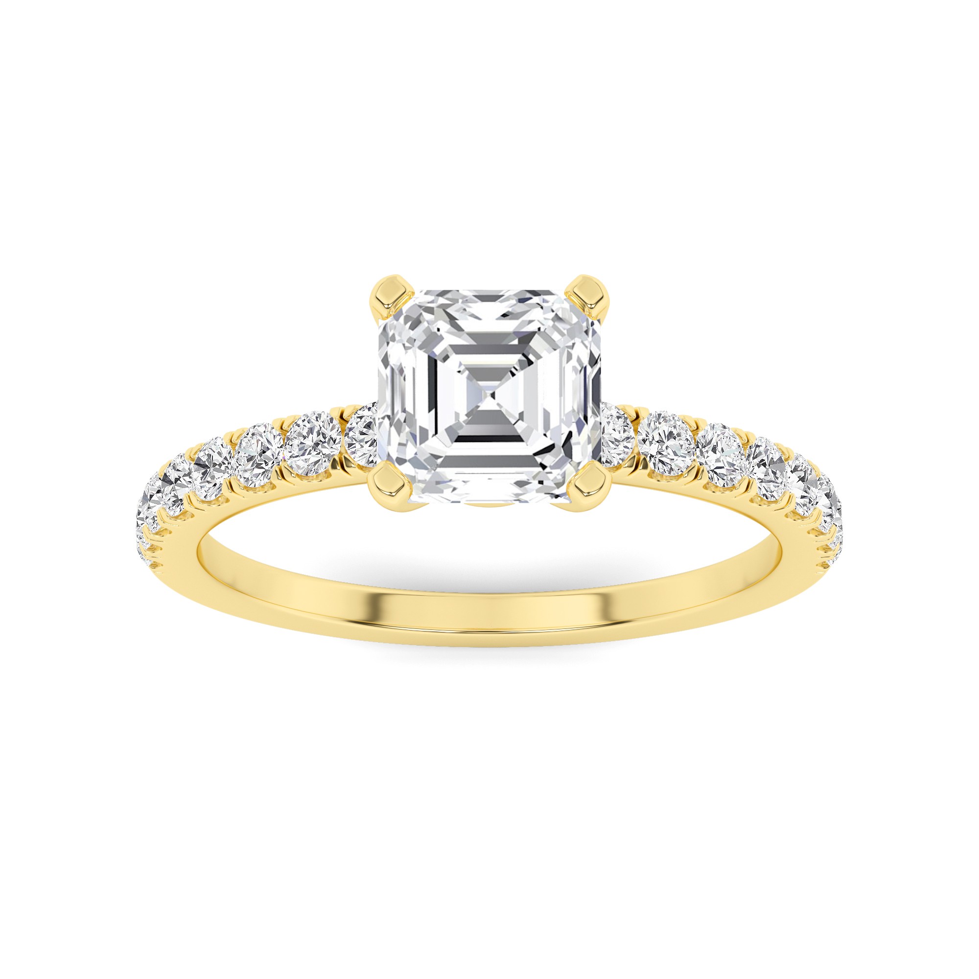 Timeless 4 Prong Round Side Stone Diamond Engagment Ring in 9K Yellow Gold