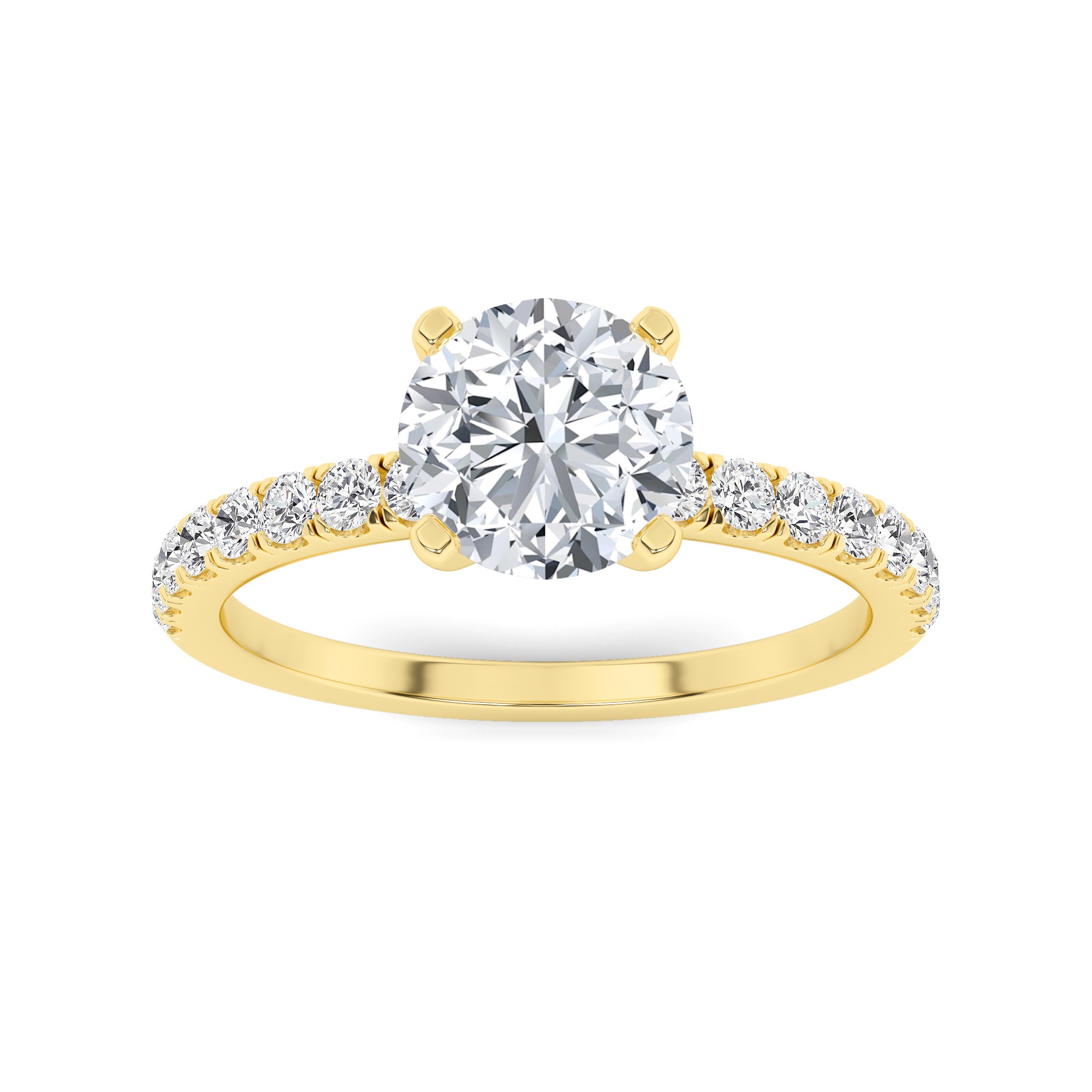 Timeless 4 Prong Round Side Stone Diamond Engagment Ring in 9K Yellow Gold