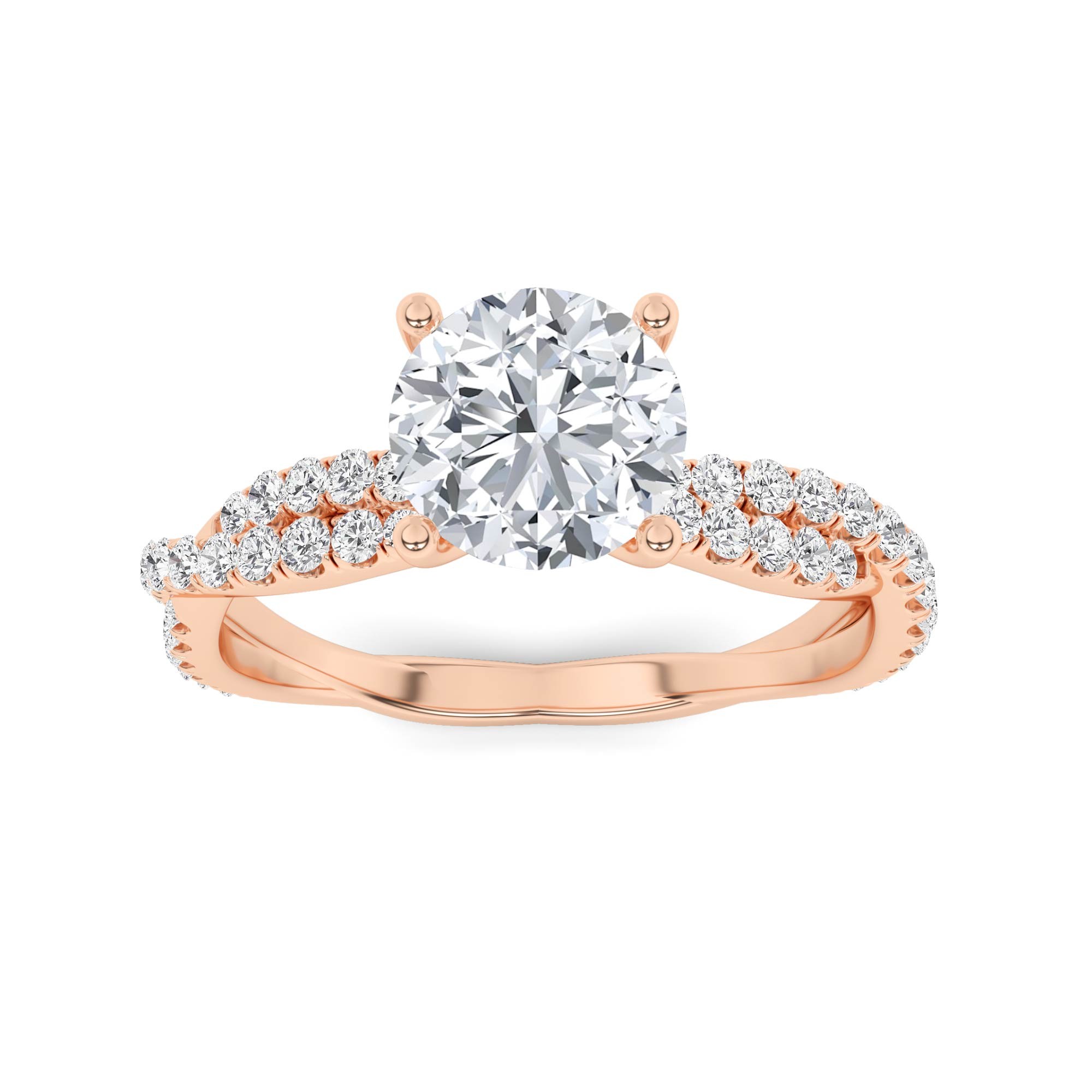 Crossover Shoulder Prong Set Round Side Stone Diamond Engagment Ring in 9K Rose Gold
