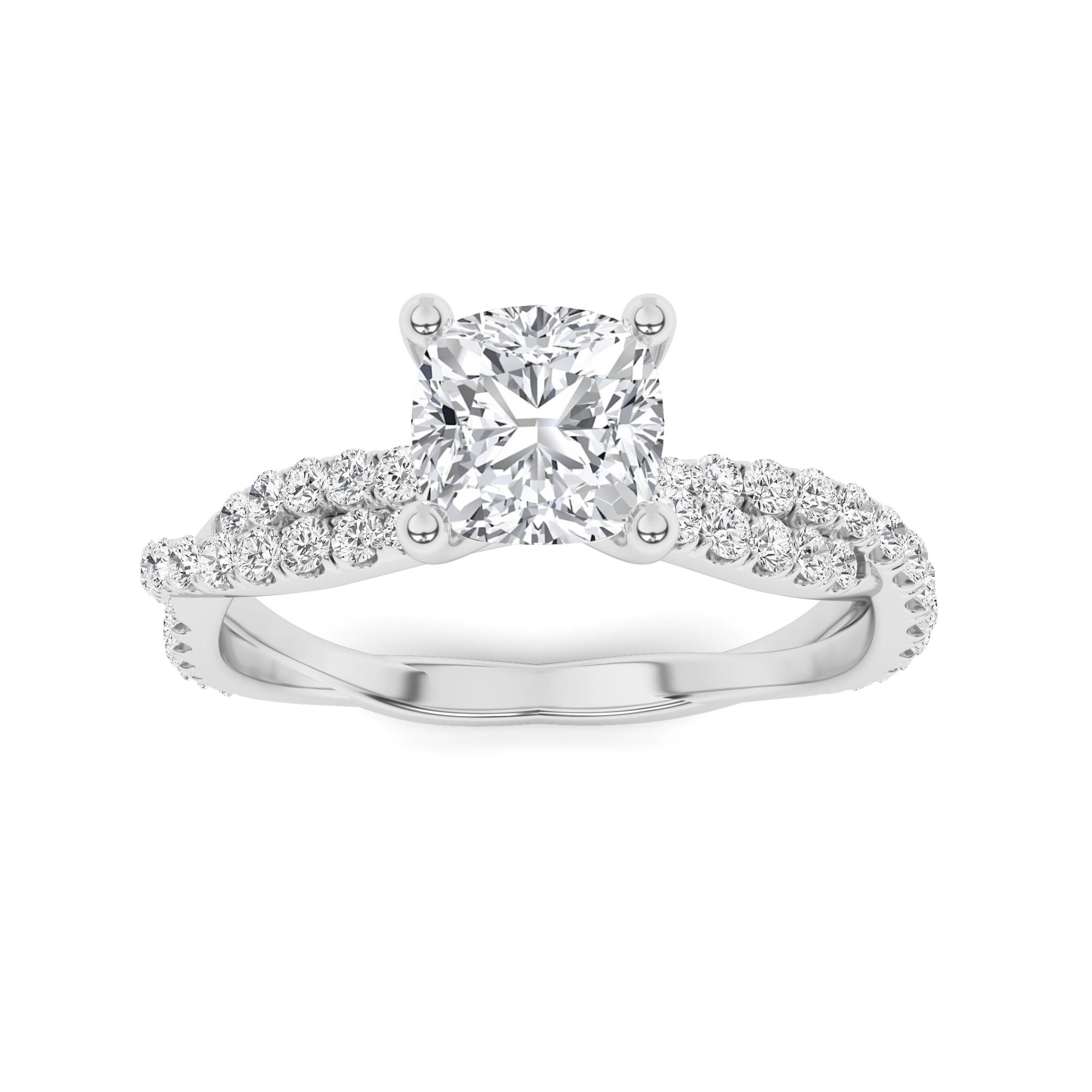 Crossover Shoulder Prong Set Cushion Side Stone Diamond Engagment Ring in 9K White Gold