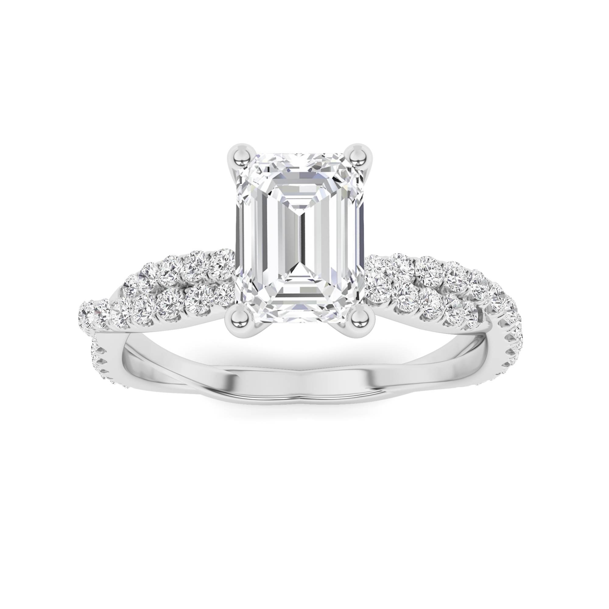 Crossover Shoulder Prong Set Emerald Side Stone Diamond Engagment Ring in 9K White Gold