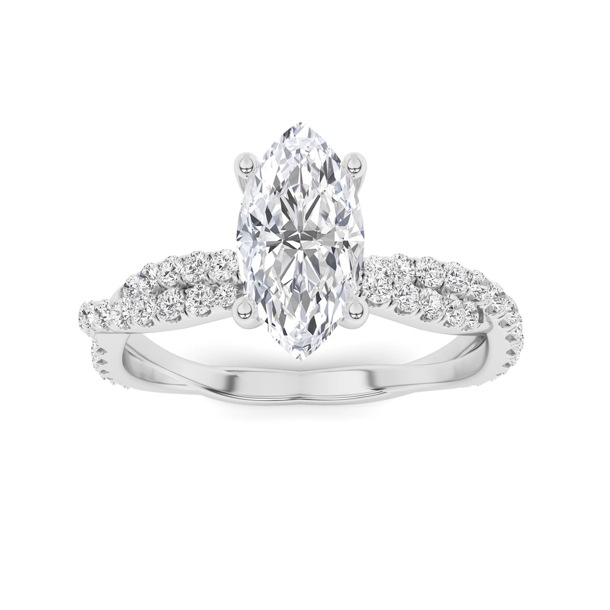 Crossover Shoulder Prong Set Marquise Side Stone Diamond Engagment Ring in 9K White Gold