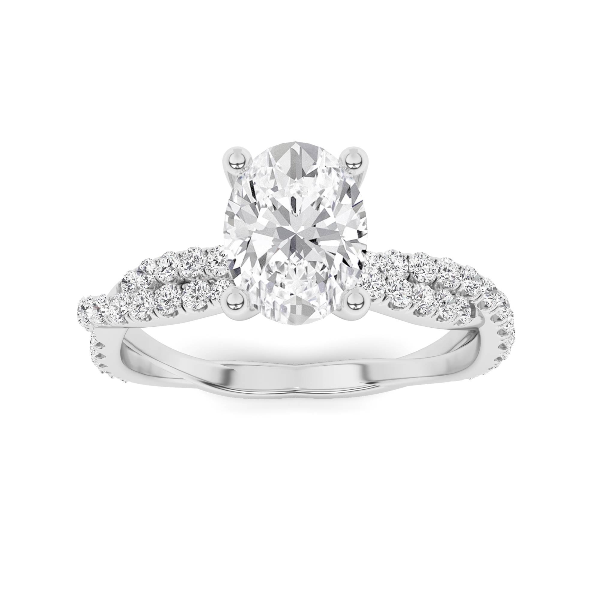 Crossover Shoulder Prong Set Oval Side Stone Diamond Engagment Ring in 9K White Gold