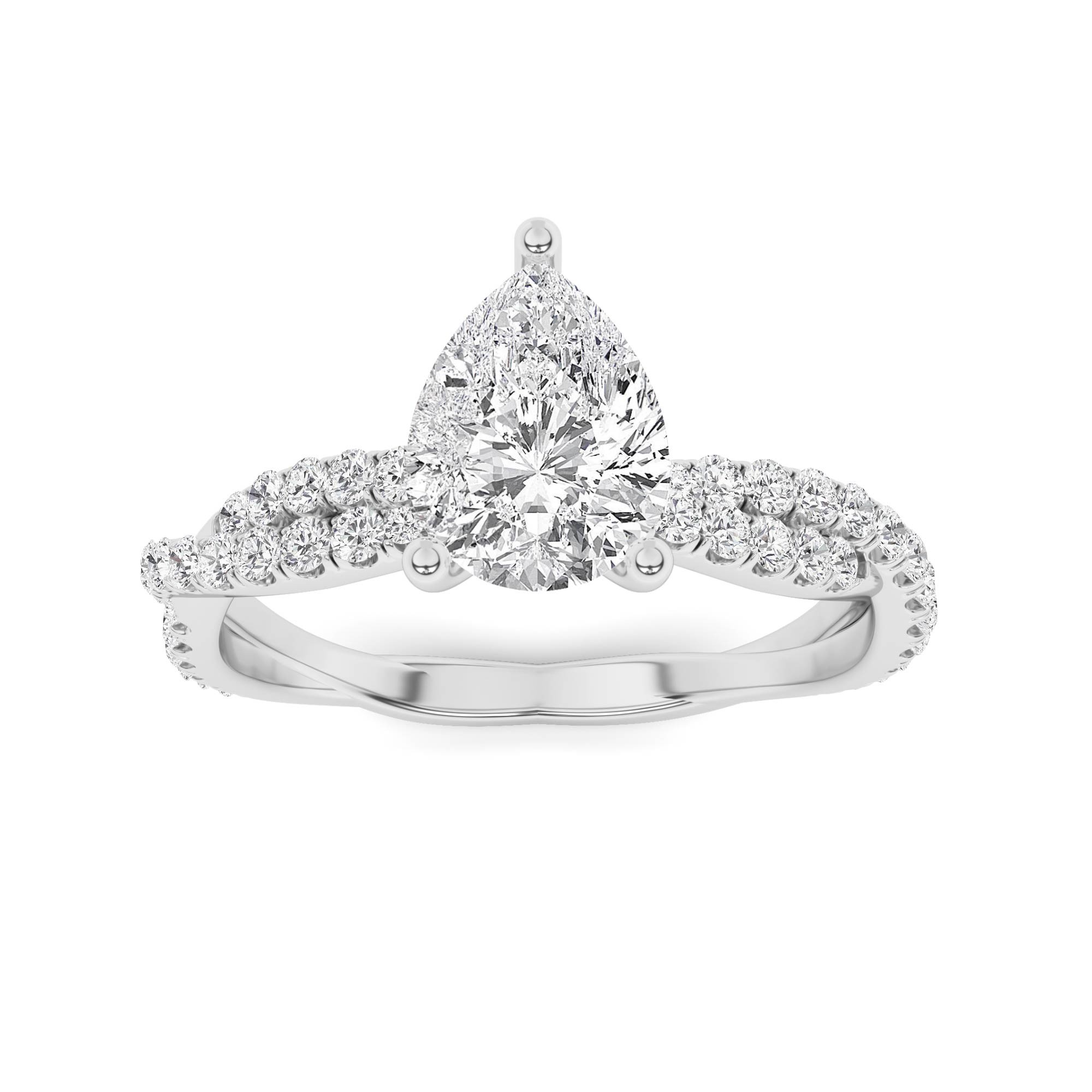 Crossover Shoulder Prong Set Pear Side Stone Diamond Engagment Ring in 9K White Gold