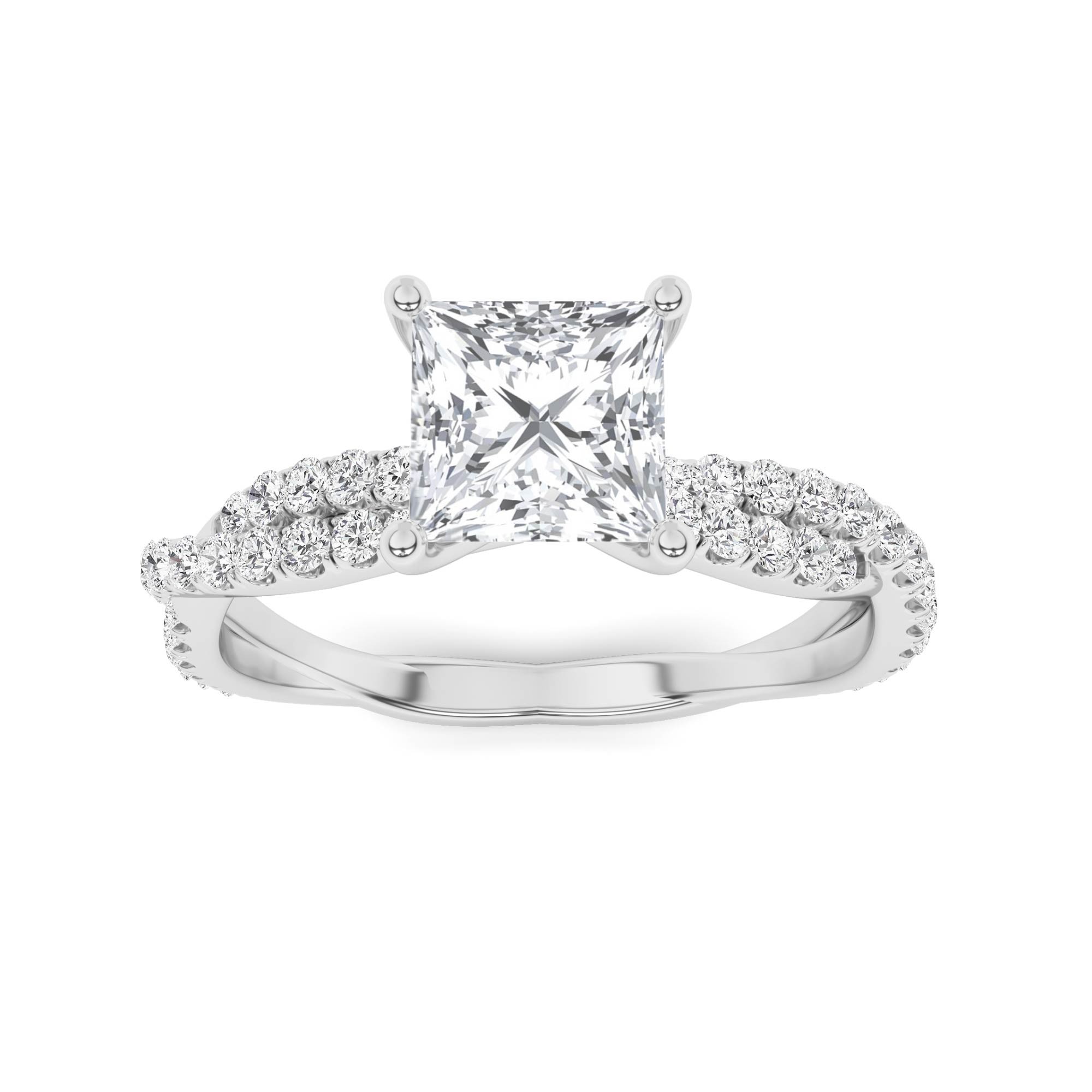 Crossover Shoulder Prong Set Princess Side Stone Diamond Engagment Ring in 9K White Gold