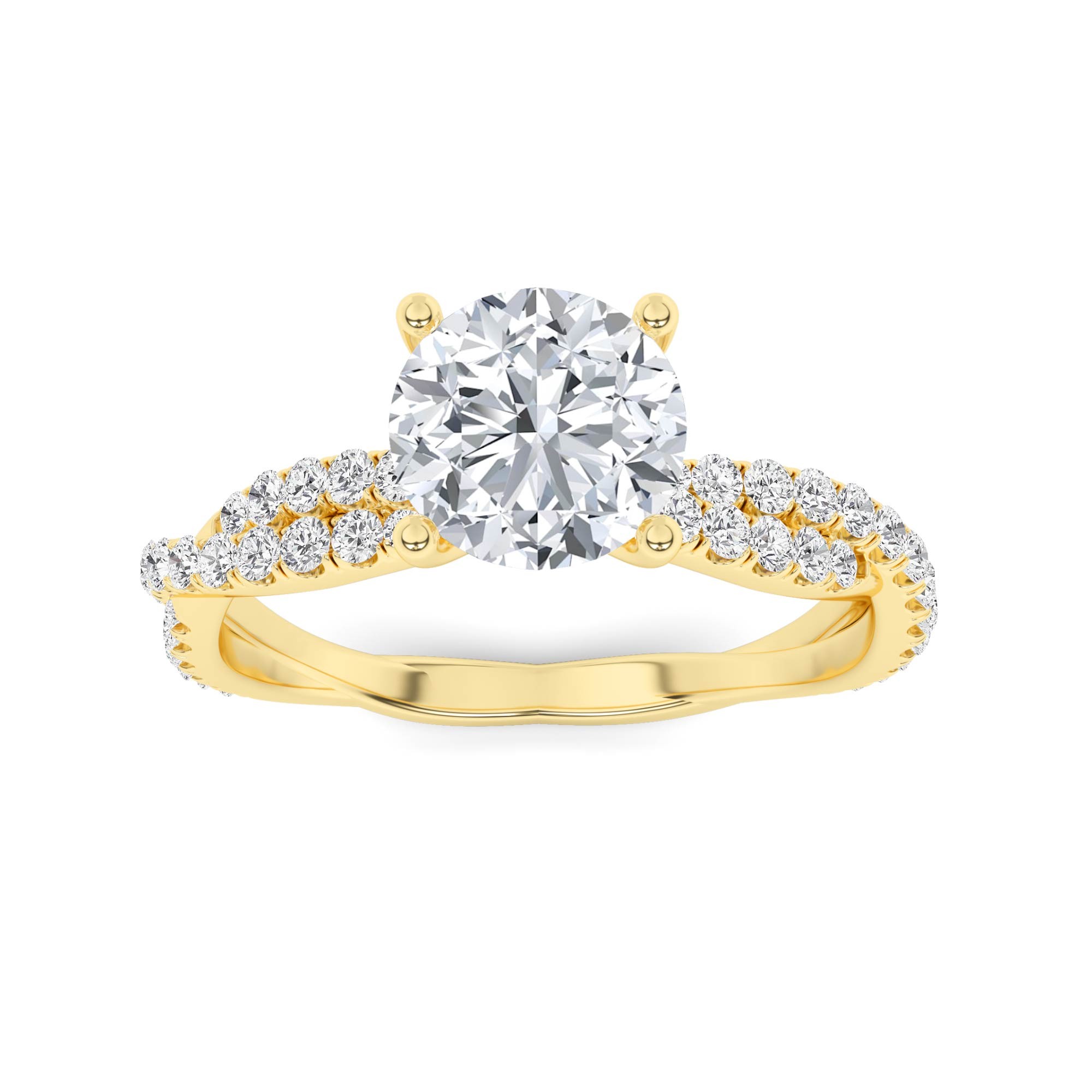 Crossover Shoulder Prong Set Round Side Stone Diamond Engagment Ring in 9K Yellow Gold