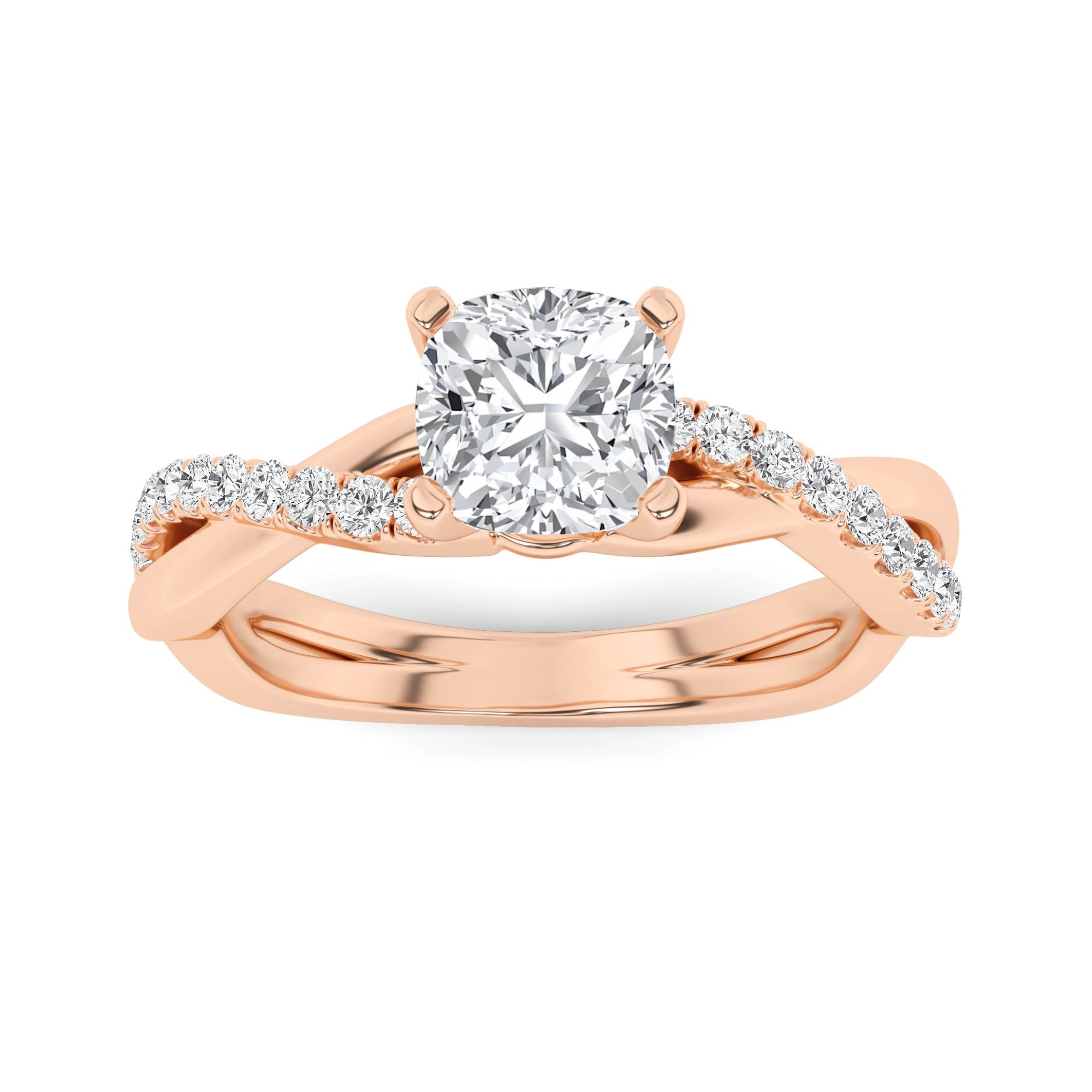 Modern Cross Curve Prong Set Cushion Side Stone Diamond Engagment Ring in 9K Rose Gold