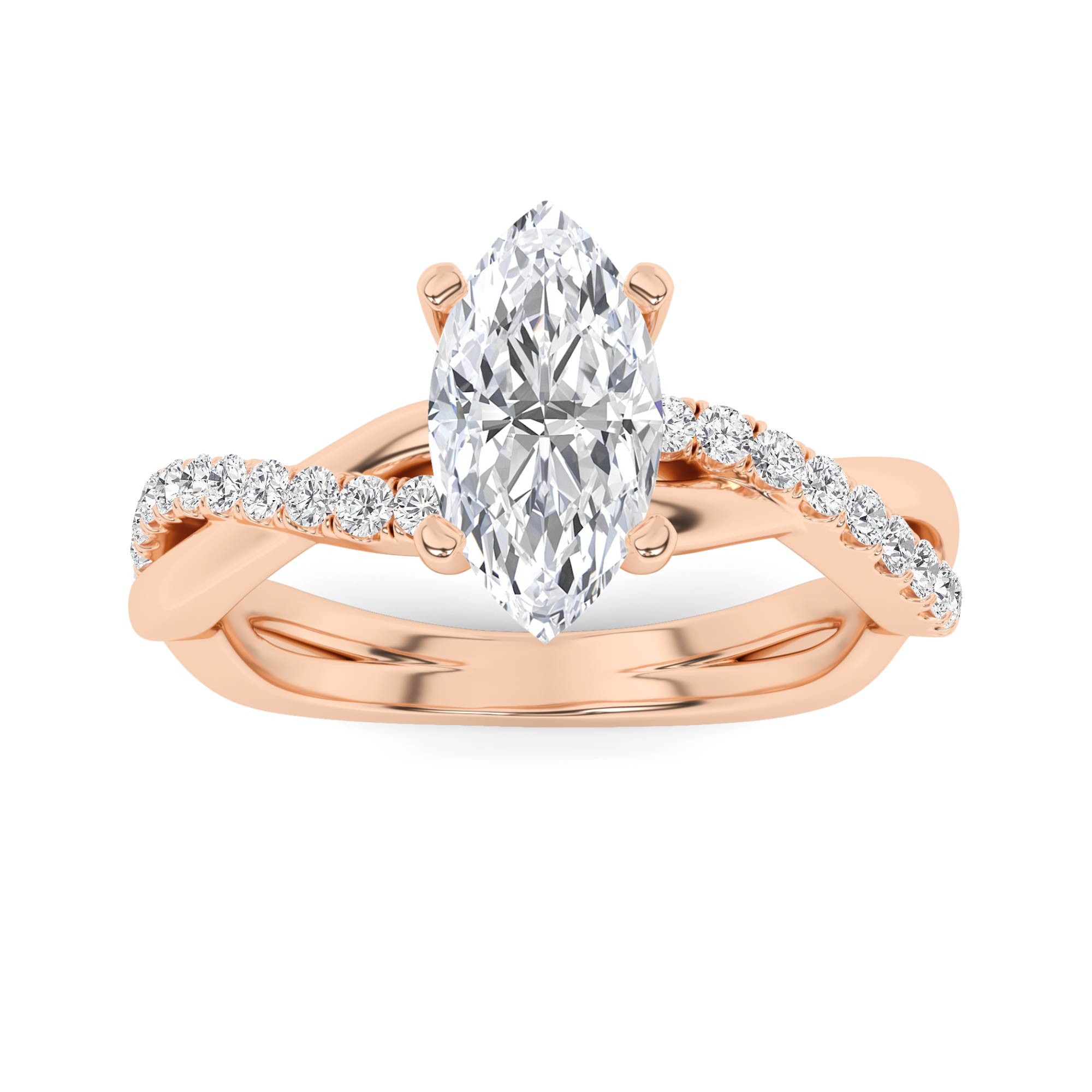 Modern Cross Curve Prong Set Marquise Side Stone Diamond Engagment Ring in 9K Rose Gold