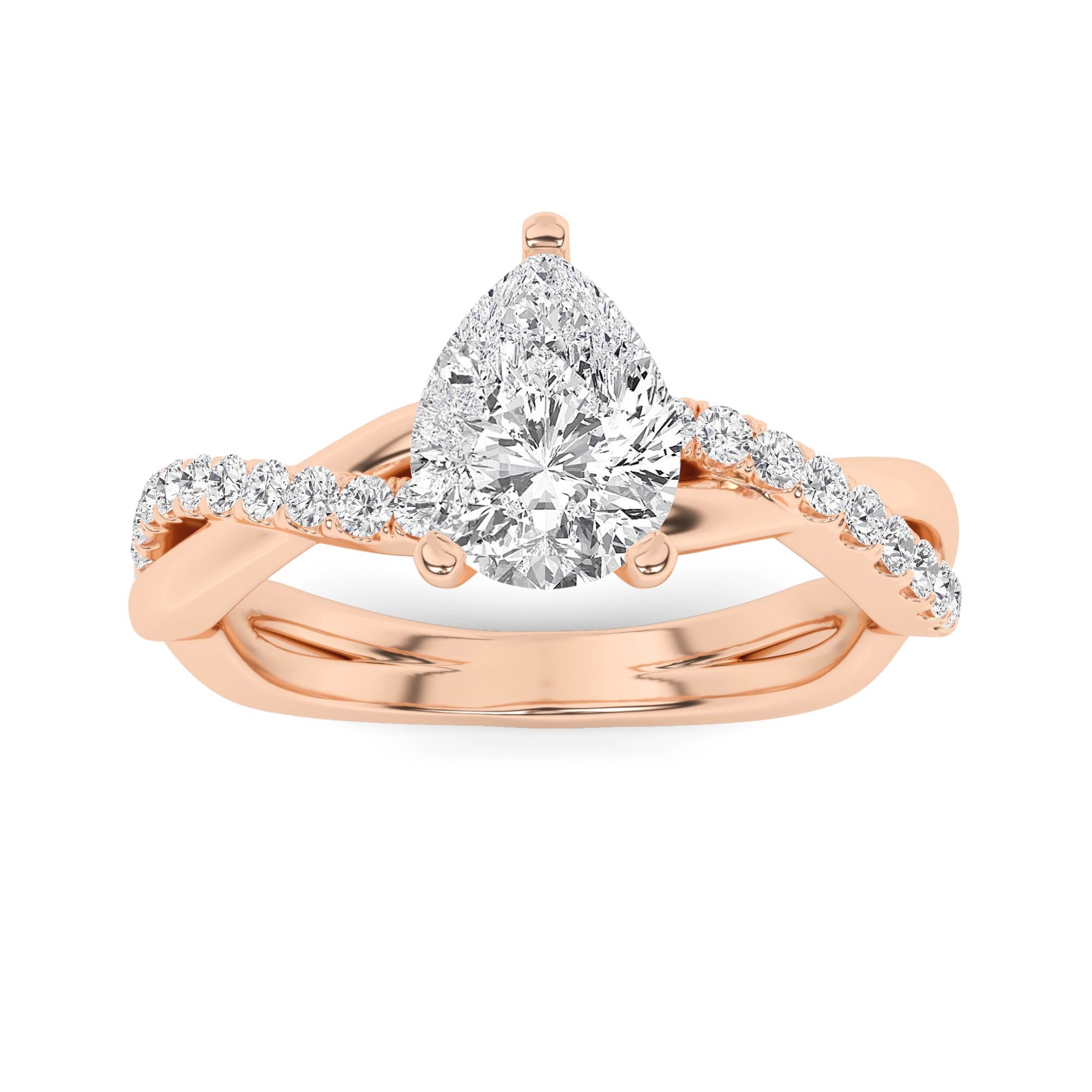 Modern Cross Curve Prong Set Pear Side Stone Diamond Engagment Ring in 9K Rose Gold