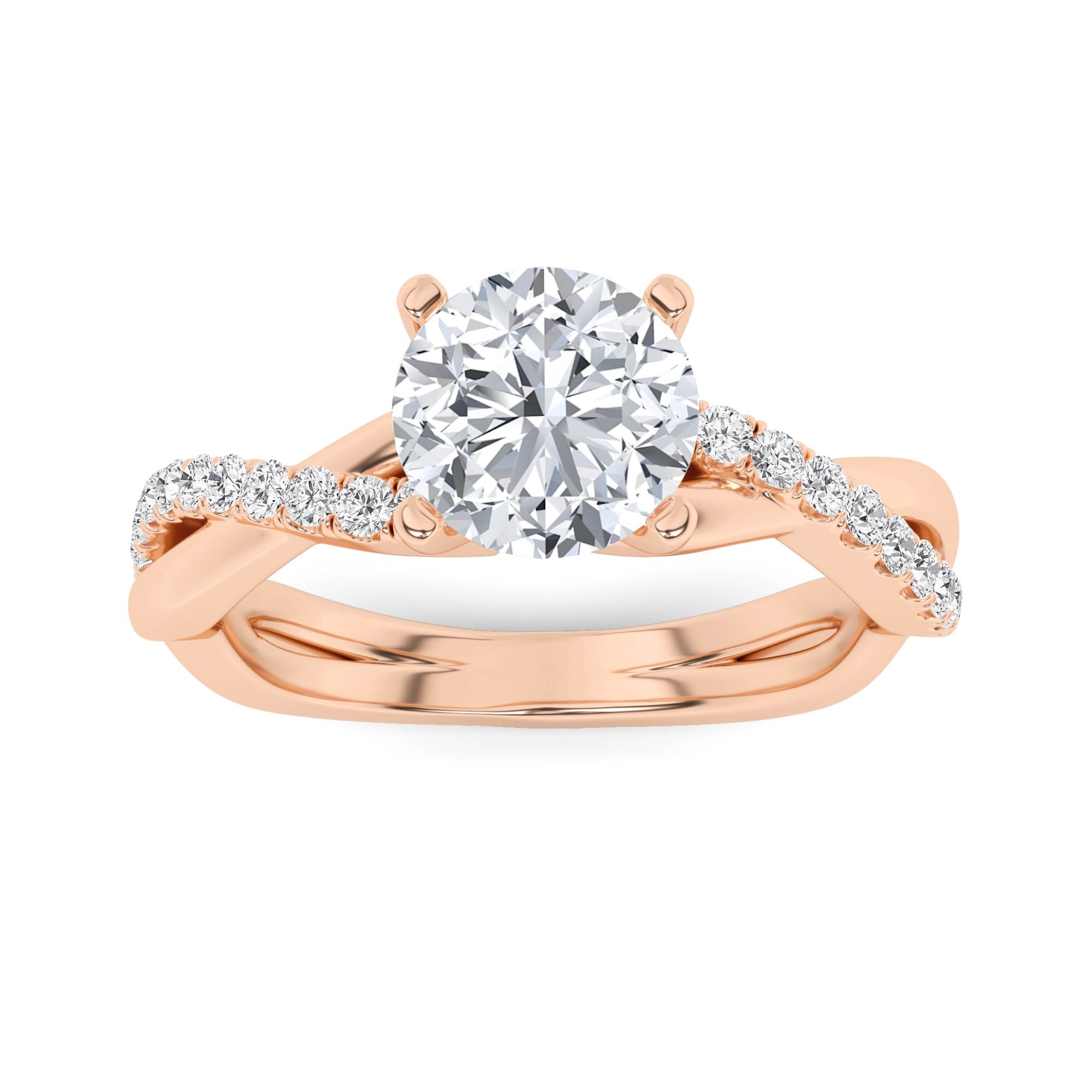 Modern Cross Curve 4 Prong Round Side Stone Diamond Engagment Ring in 9K Rose Gold