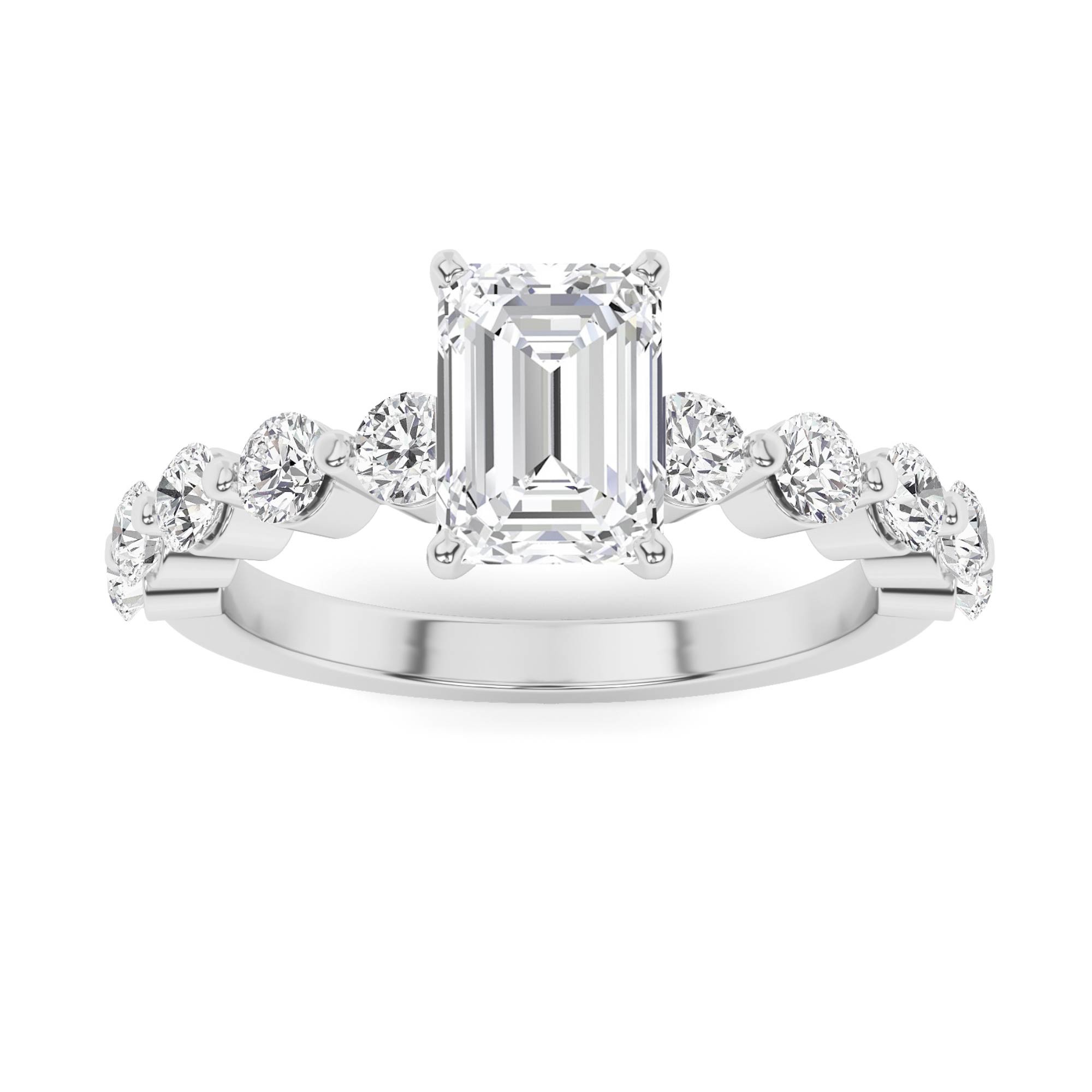 Unique Prong Set Round Side Stone Diamond Engagment Ring in 9K White Gold