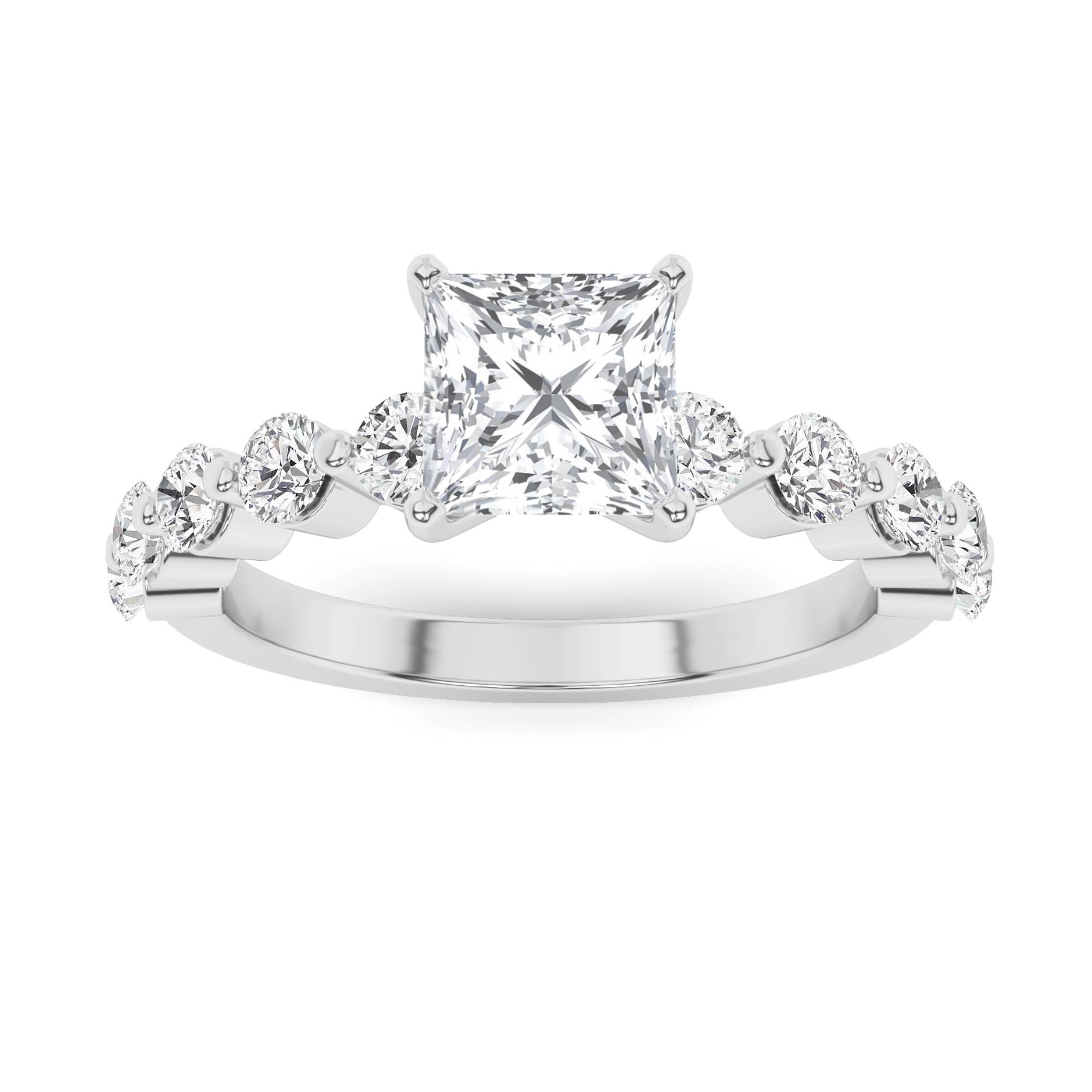 Unique Prong Set Round Side Stone Diamond Engagment Ring in 9K White Gold