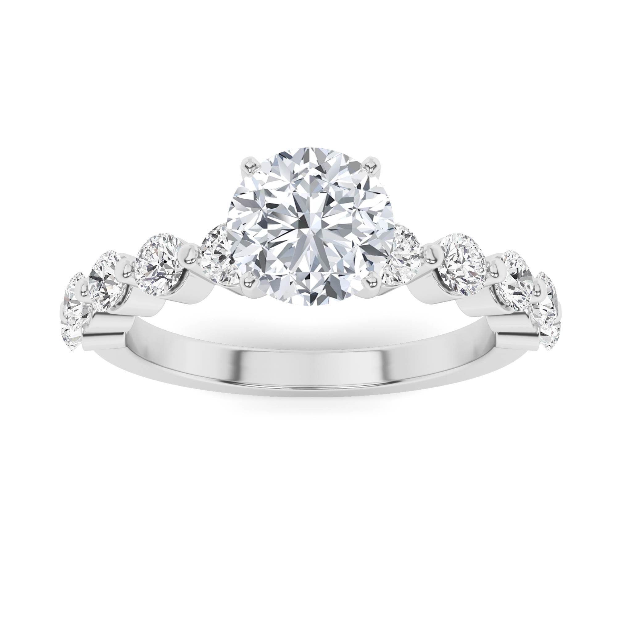 Unique Prong Set Round Side Stone Diamond Engagment Ring in 9K White Gold