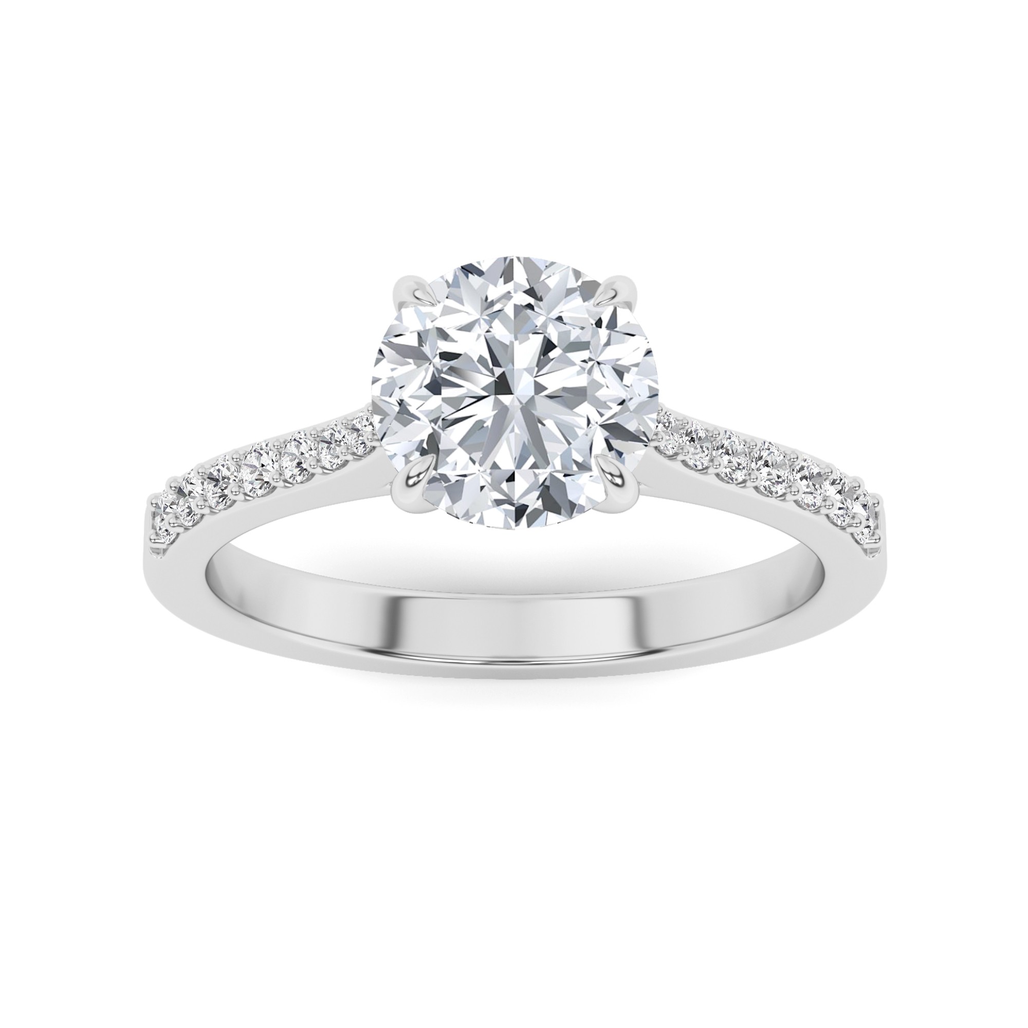 Classic Prong Set  Round Side Stone Diamond Engagment Ring in 9K Silver