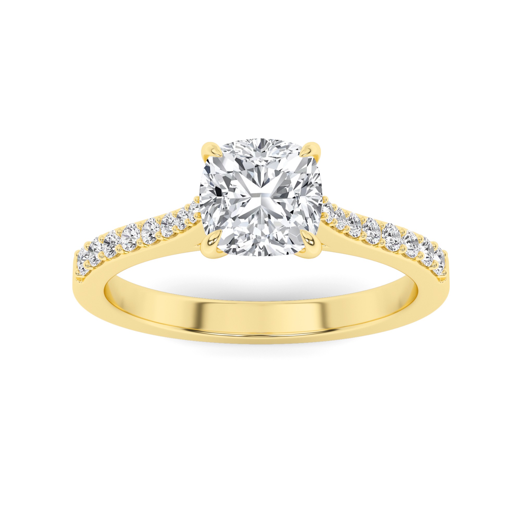 Classic Prong Set  Cushion Side Stone Diamond Engagment Ring in 9K Yellow Gold