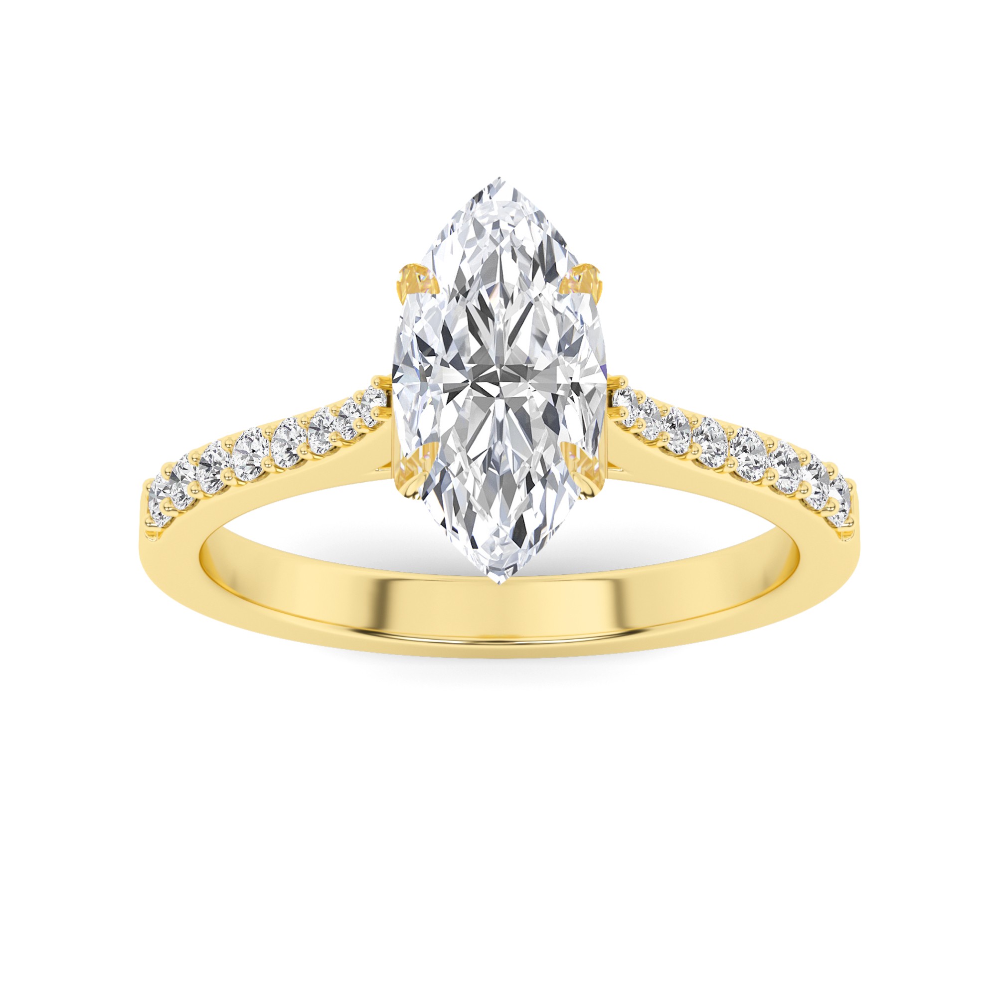 Classic Prong Set  Marquise Side Stone Diamond Engagment Ring in 9K Yellow Gold