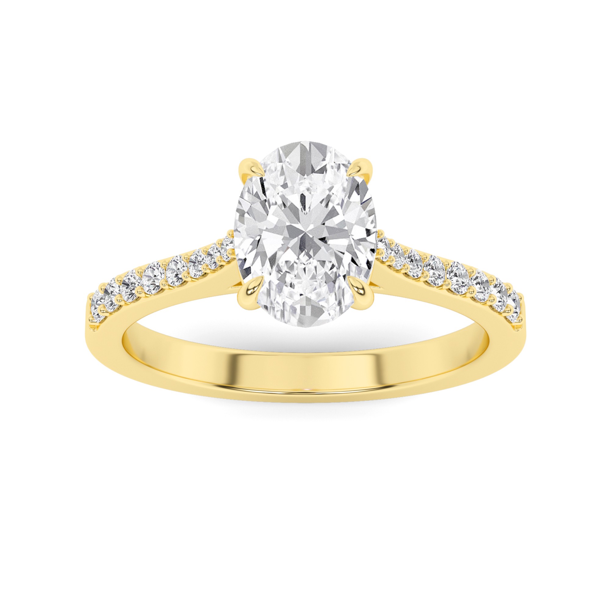 Classic 4 Prong  Round Side Stone Diamond Engagment Ring in 9K Yellow Gold