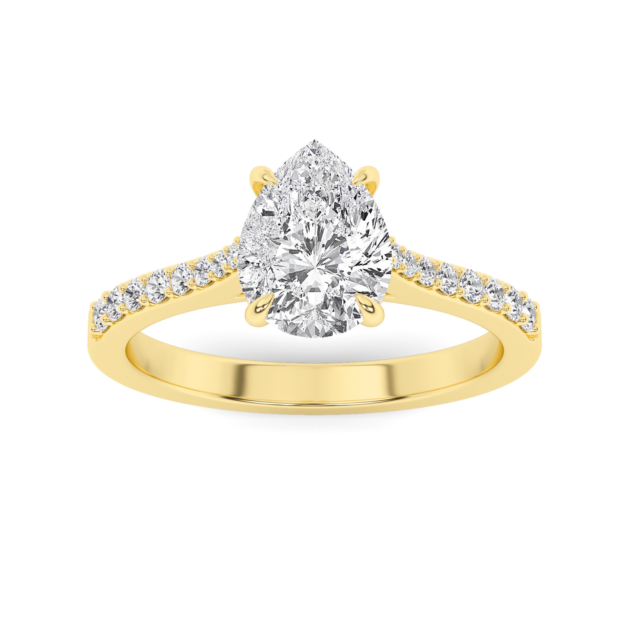 Classic 4 Prong  Round Side Stone Diamond Engagment Ring in 9K Yellow Gold