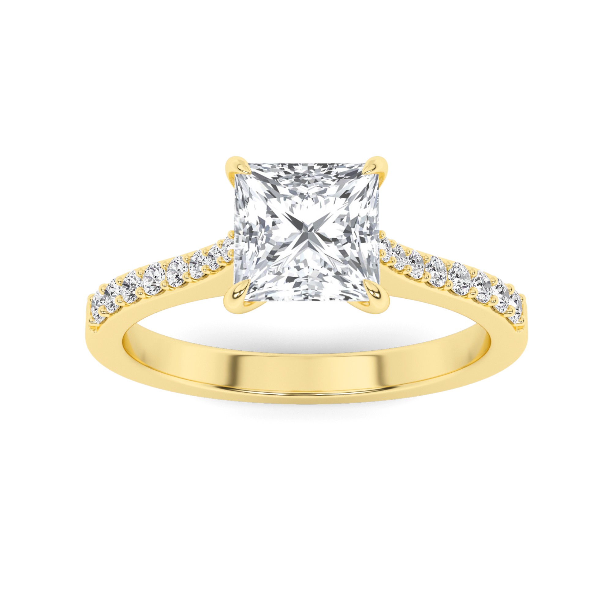 Classic 4 Prong  Round Side Stone Diamond Engagment Ring in 9K Yellow Gold