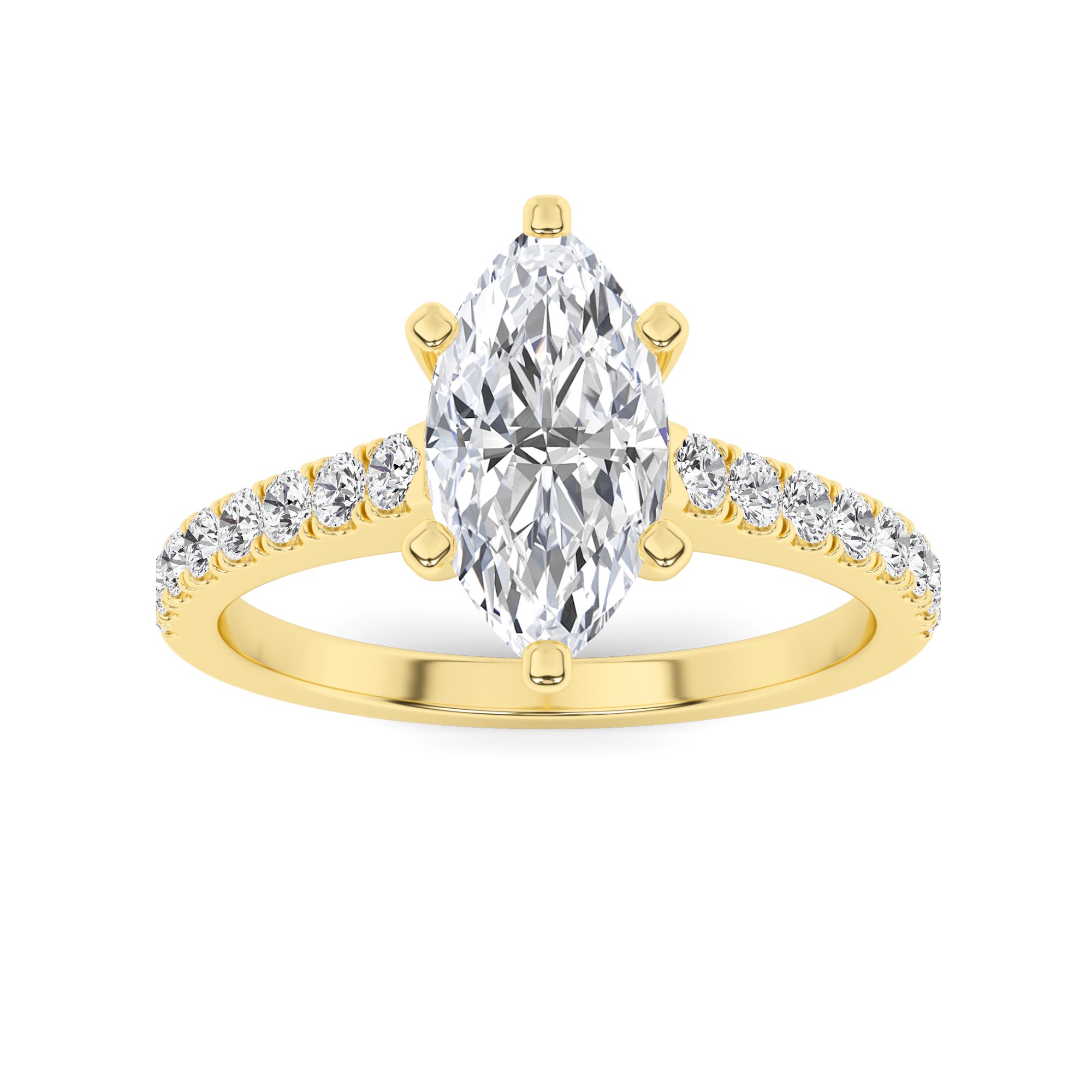 Dazzling 6 Prong With Pave Shoulder Round Side Stone Diamond Engagement Ring in 9K Yellow Gold