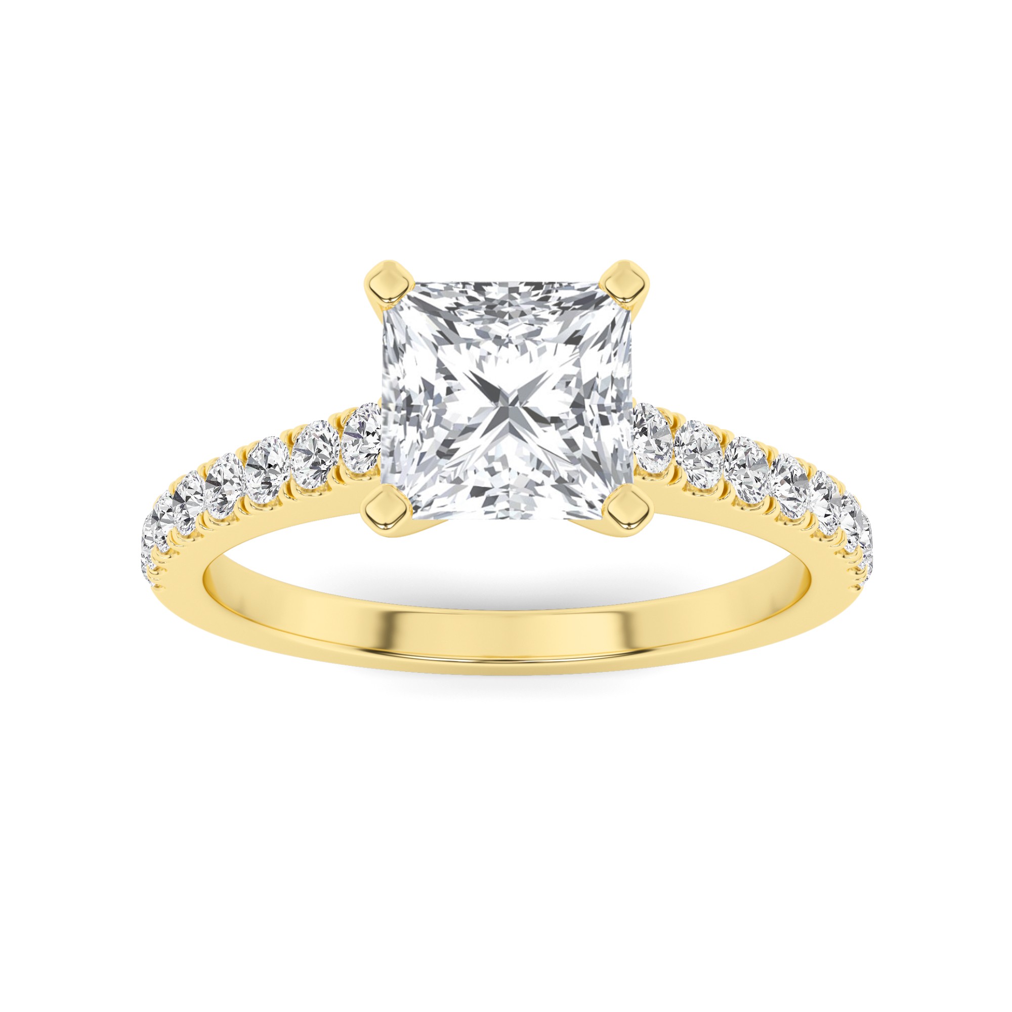 Dazzling 6 Prong With Pave Shoulder Round Side Stone Diamond Engagement Ring in 9K Yellow Gold