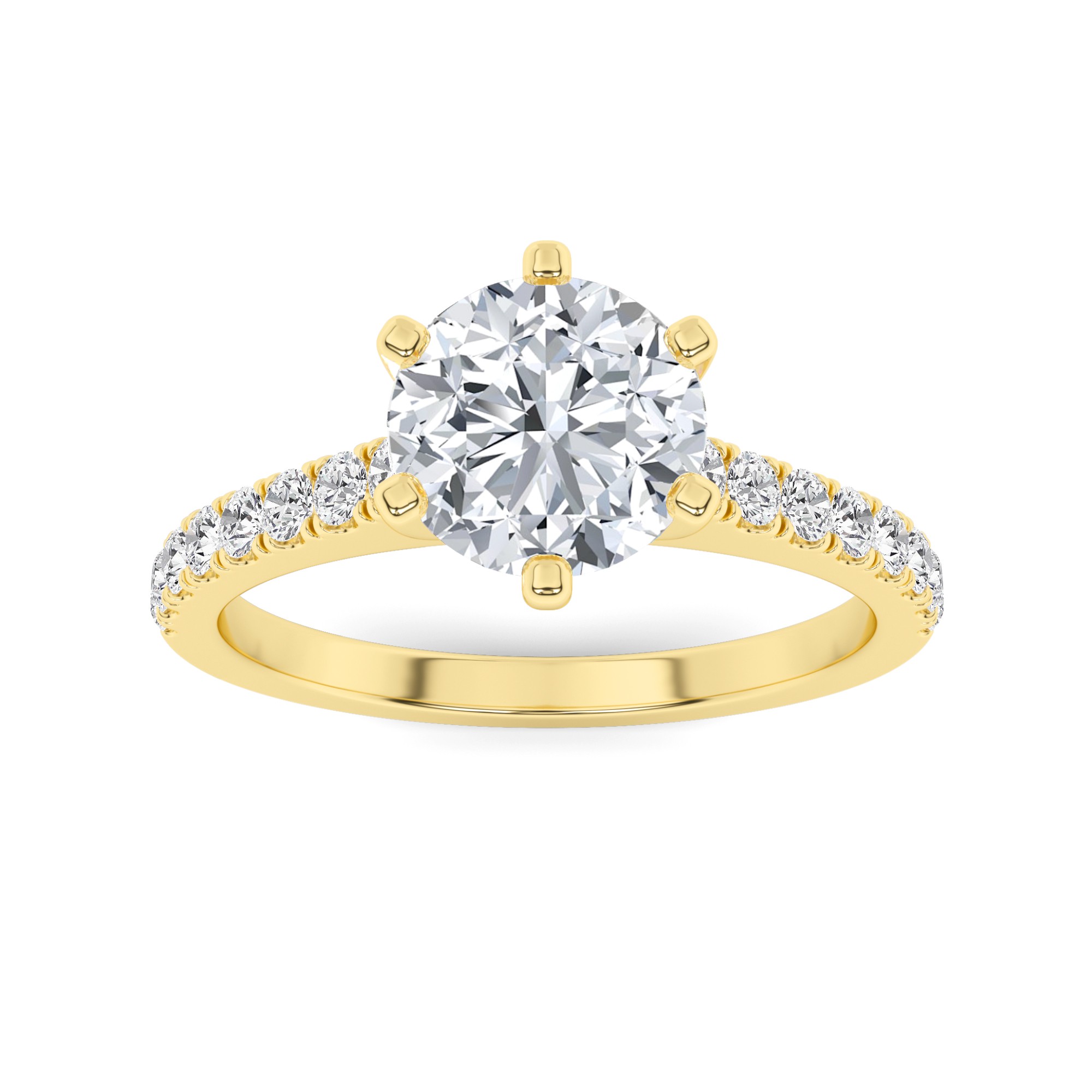 Dazzling 6 Prong With Pave Shoulder Round Side Stone Diamond Engagement Ring in 9K Yellow Gold