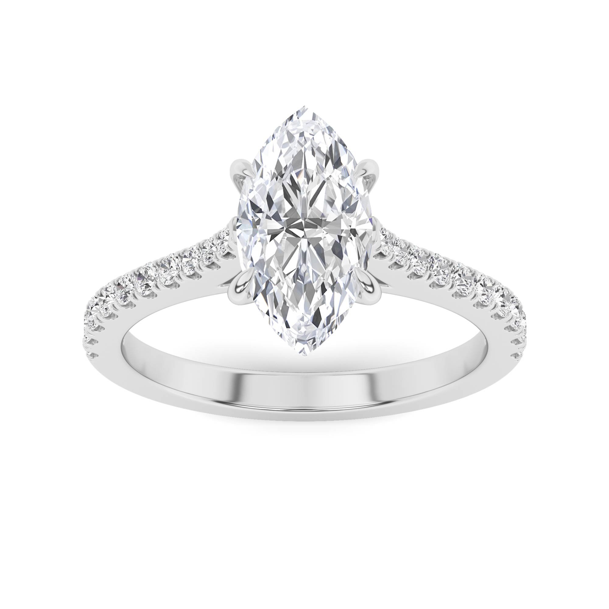 Flower Style Pave Shoulder Round Side Stone Diamond Engagement Ring in 9K White Gold