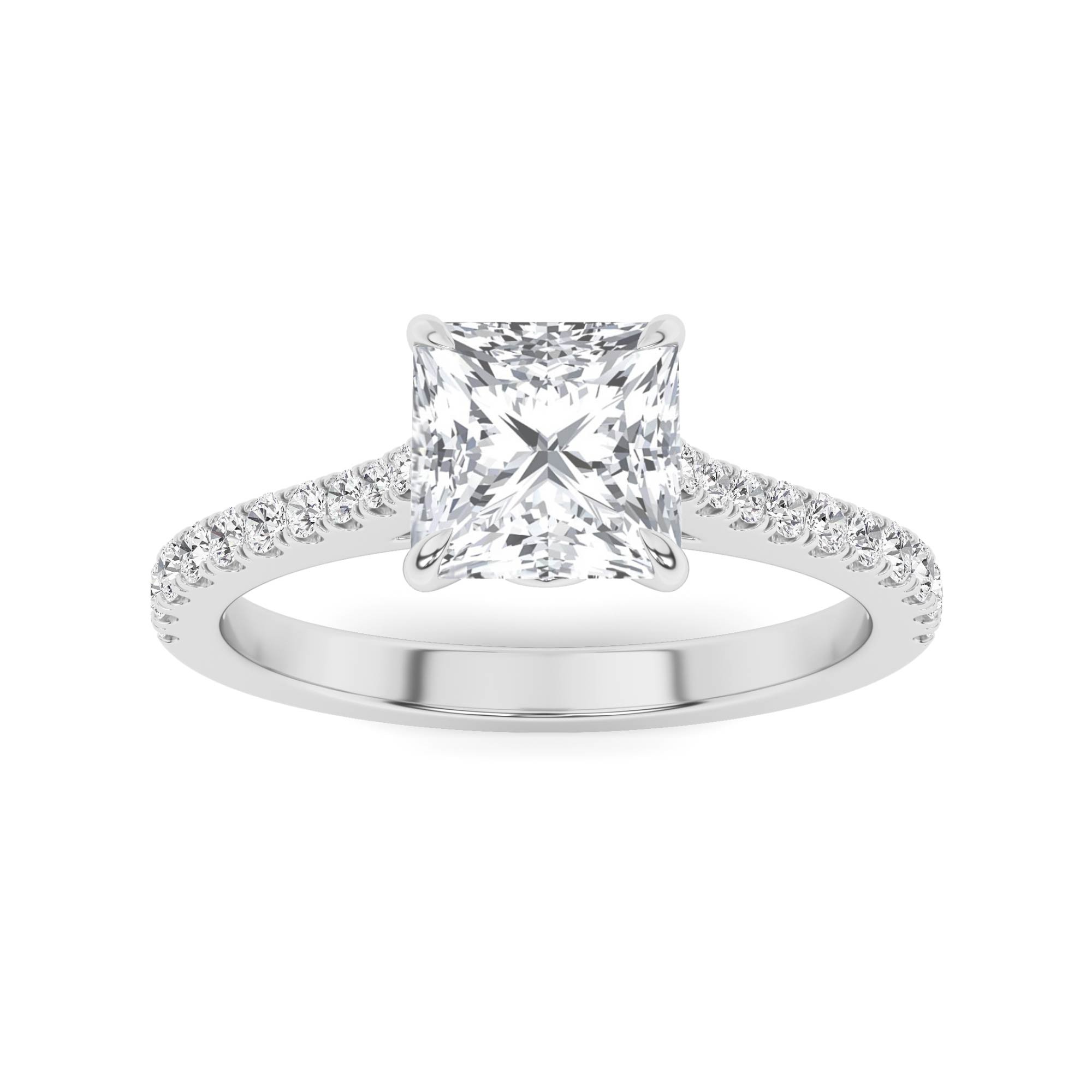 Flower Style Pave Shoulder Round Side Stone Diamond Engagement Ring in 9K White Gold