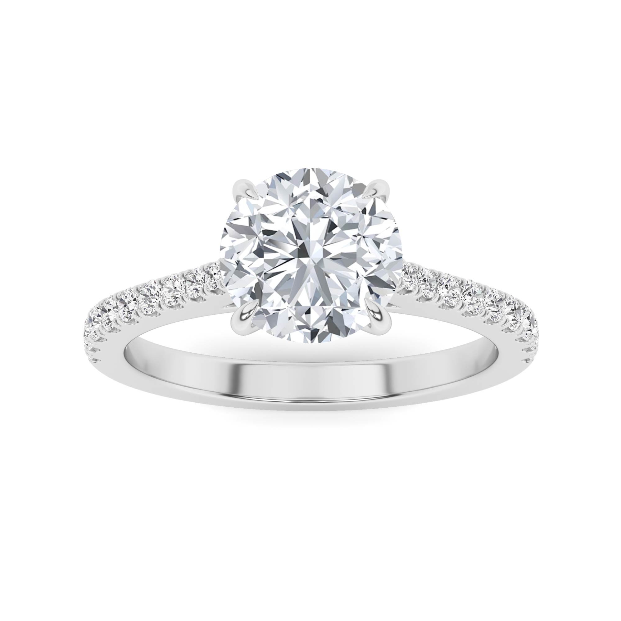 Flower Style Pave Shoulder Round Side Stone Diamond Engagement Ring in 9K White Gold