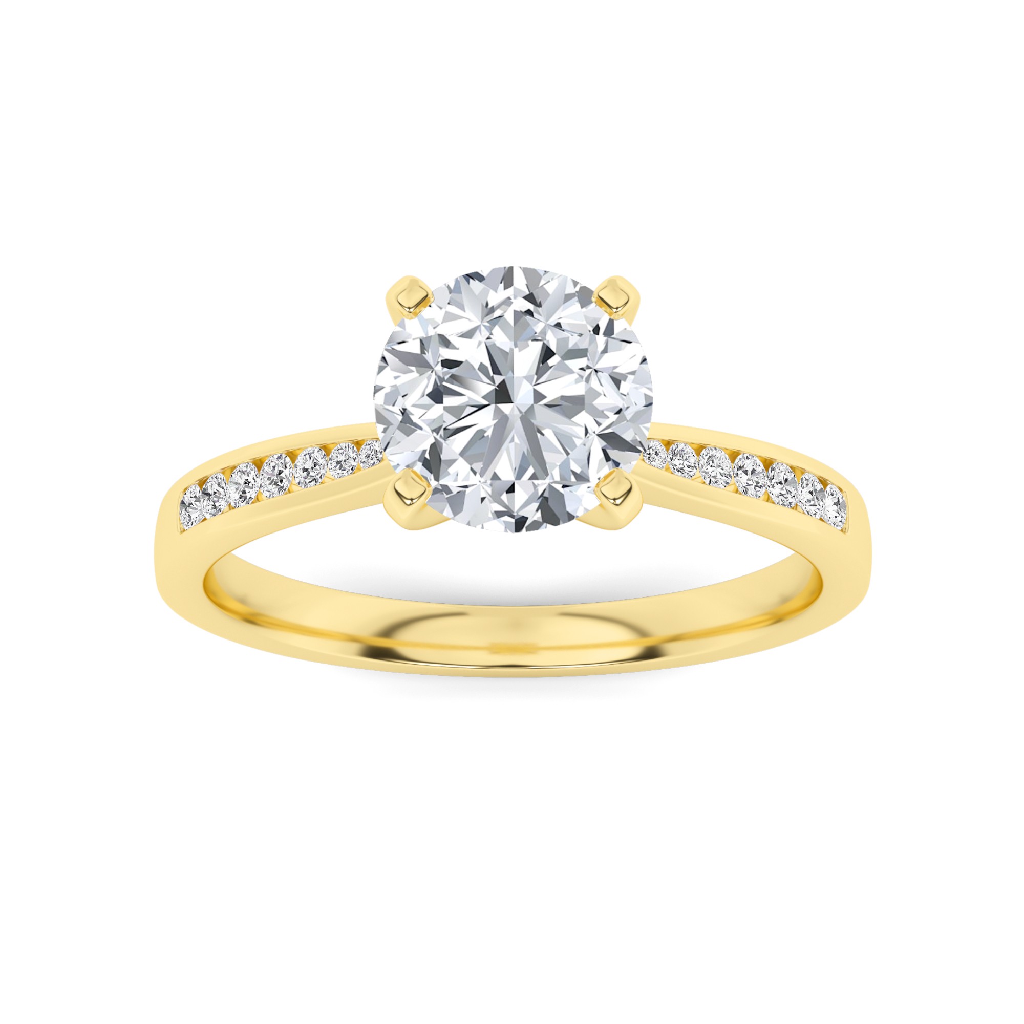 Tapered Shoulder  V Prong Round Side Stone Diamond Engagment Ring in 9K Yellow Gold