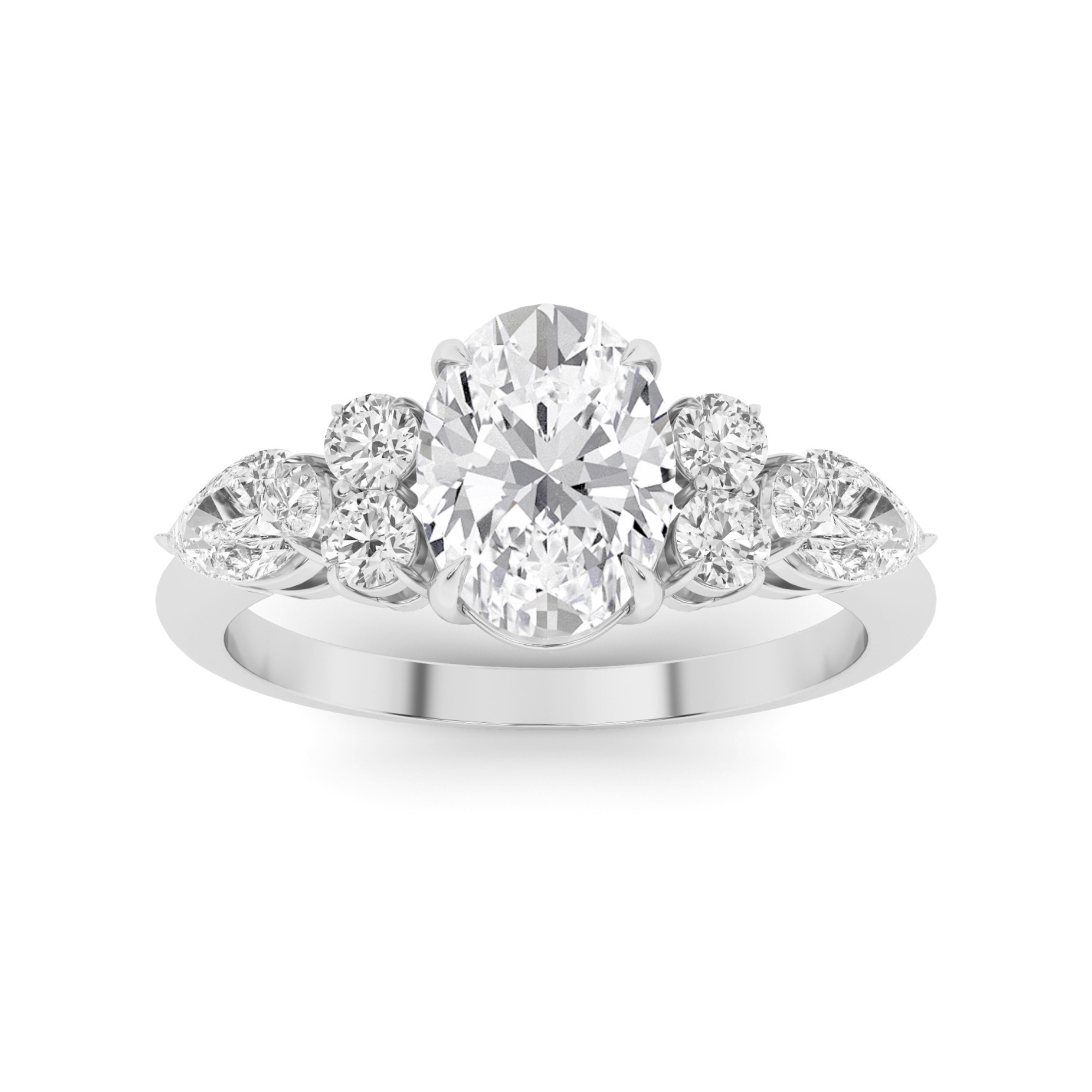 Traditional 4 Prong Oval And Pear Cut  Three Stone  Diamond Engagment Ring in 9K White Gold