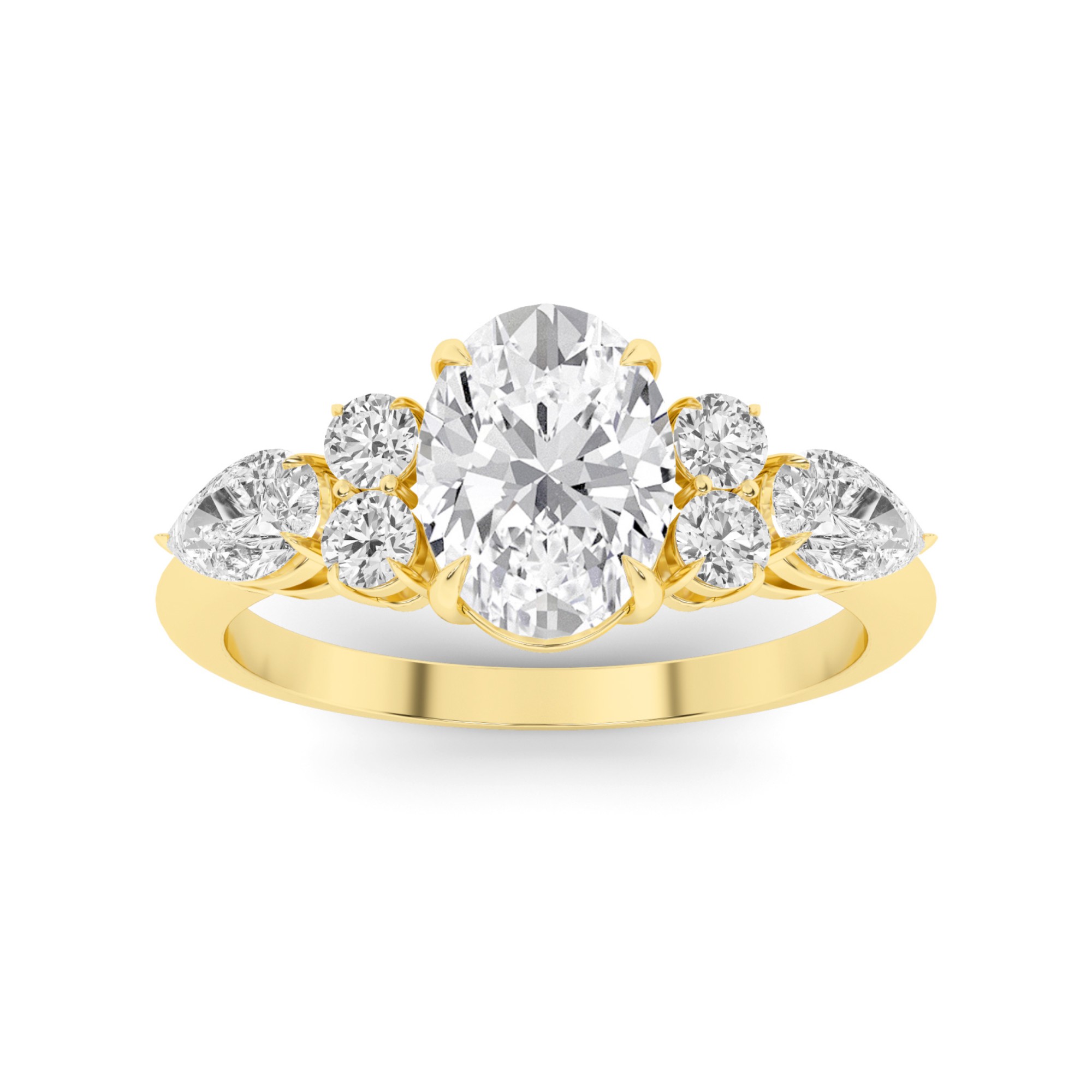 Traditional 4 Prong Oval And Pear Cut  Three Stone  Diamond Engagment Ring in 9K White Gold