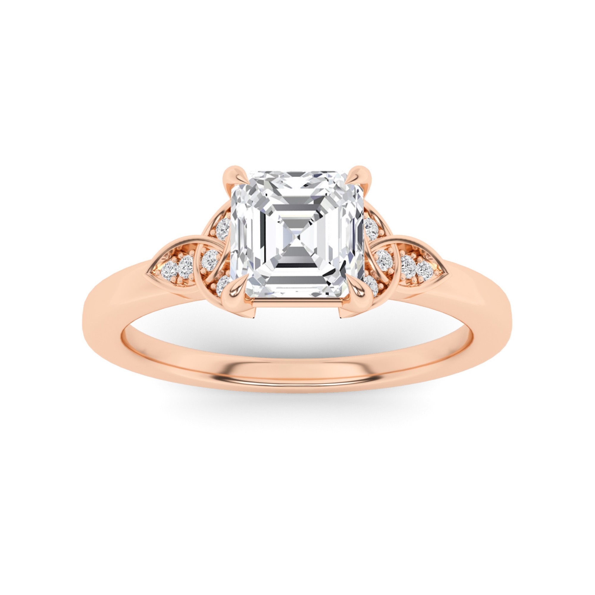 Dazzling Flower Style 4 Claw Asscher Cut  Three Stone  Diamond Engagement Ring in 9K Rose Gold