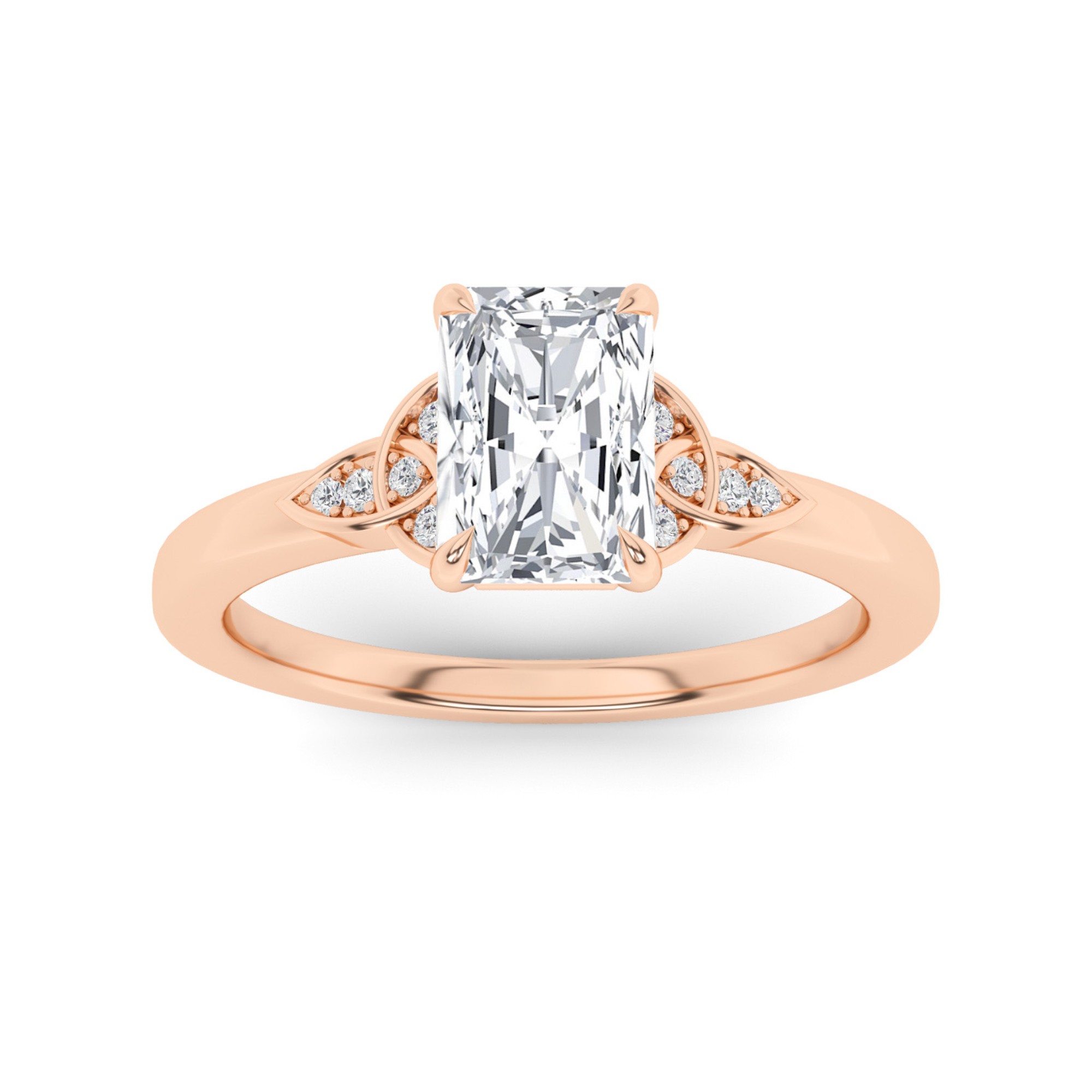 Dazzling Flower Style 4 Claw Radiant Cut  Three Stone  Diamond Engagement Ring in 9K Rose Gold